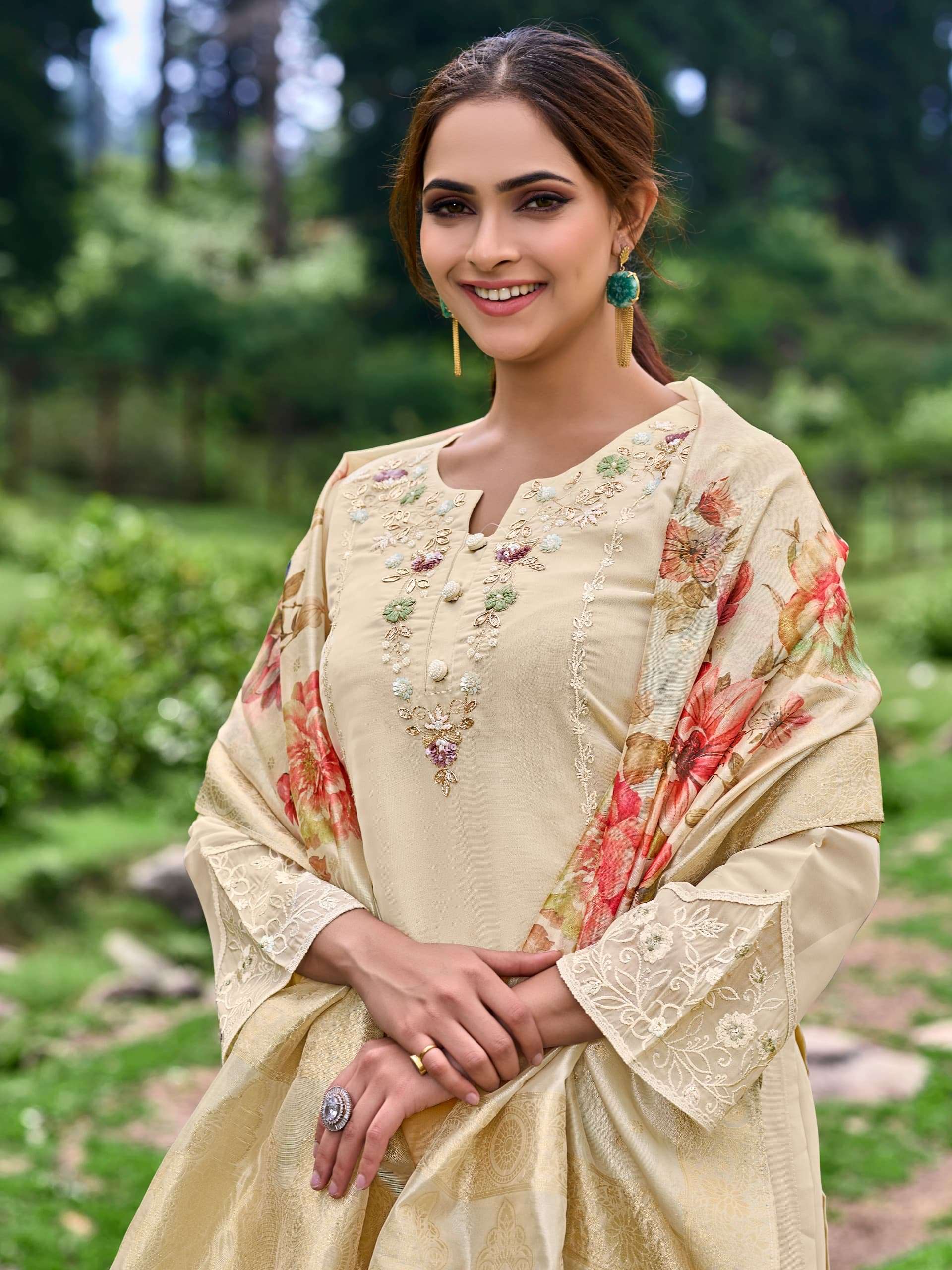 SHIMMER ORGANZA TULIP BY TEXOFAB KURTI PANT & DUPATTA EMBROIDEY HANDWORK WITH COTTON LINING 