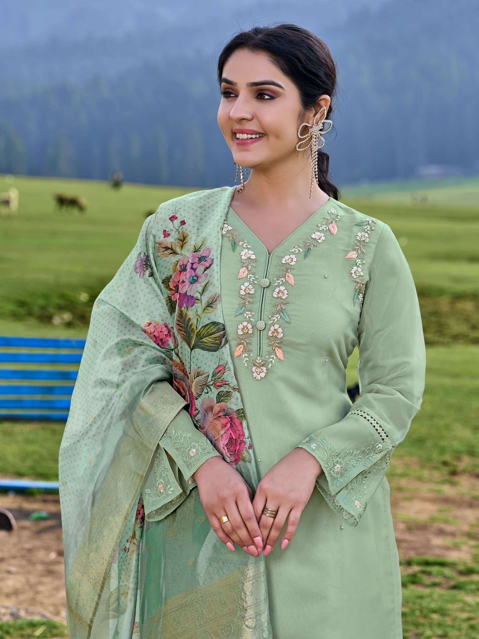 SHIMMER ORGANZA TULIP BY TEXOFAB KURTI PANT & DUPATTA EMBROIDEY HANDWORK WITH COTTON LINING 
