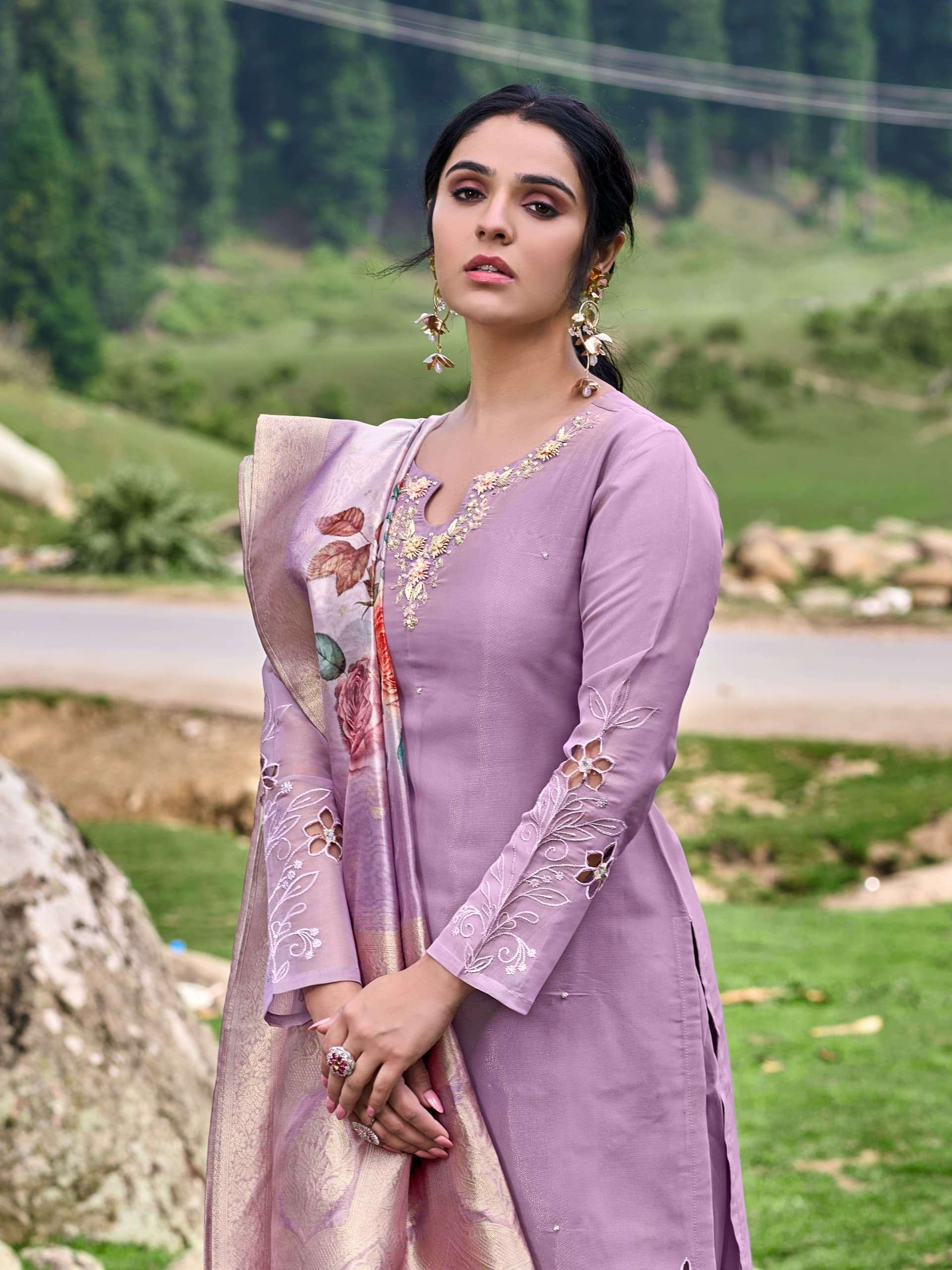 SHIMMER ORGANZA TULIP BY TEXOFAB KURTI PANT & DUPATTA EMBROIDEY HANDWORK WITH COTTON LINING 