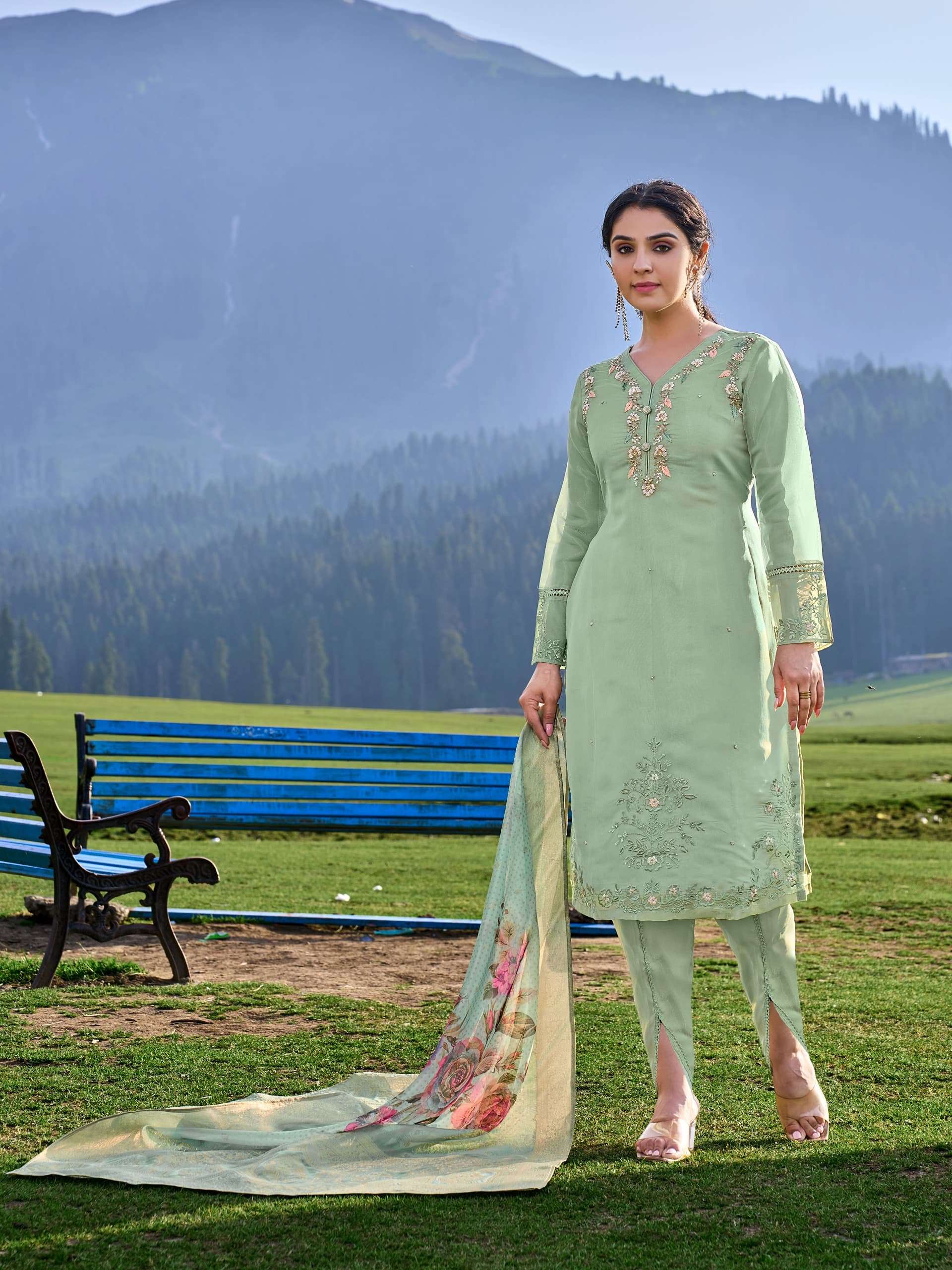 SHIMMER ORGANZA TULIP BY TEXOFAB KURTI PANT & DUPATTA EMBROIDEY HANDWORK WITH COTTON LINING 