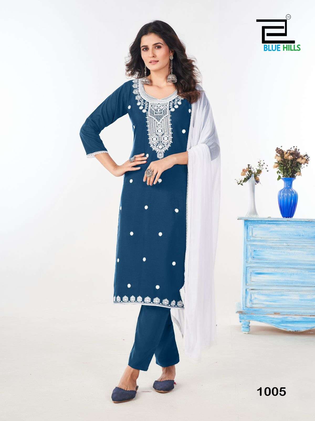 SHRADDHA BY BLUE HILLS RAYON FABRIC WHITE EMBROIDERY WORK STYLISH KURTI PANT WITH DUPATTA 