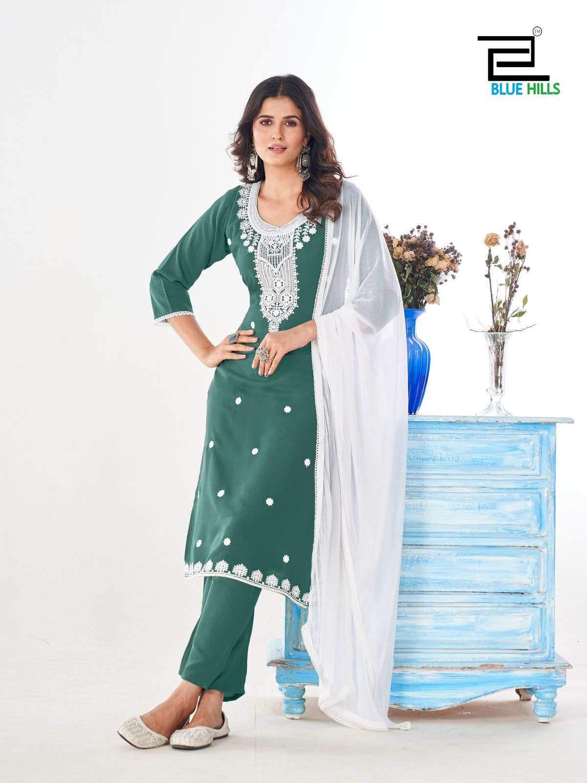 SHRADDHA BY BLUE HILLS RAYON FABRIC WHITE EMBROIDERY WORK STYLISH KURTI PANT WITH DUPATTA 