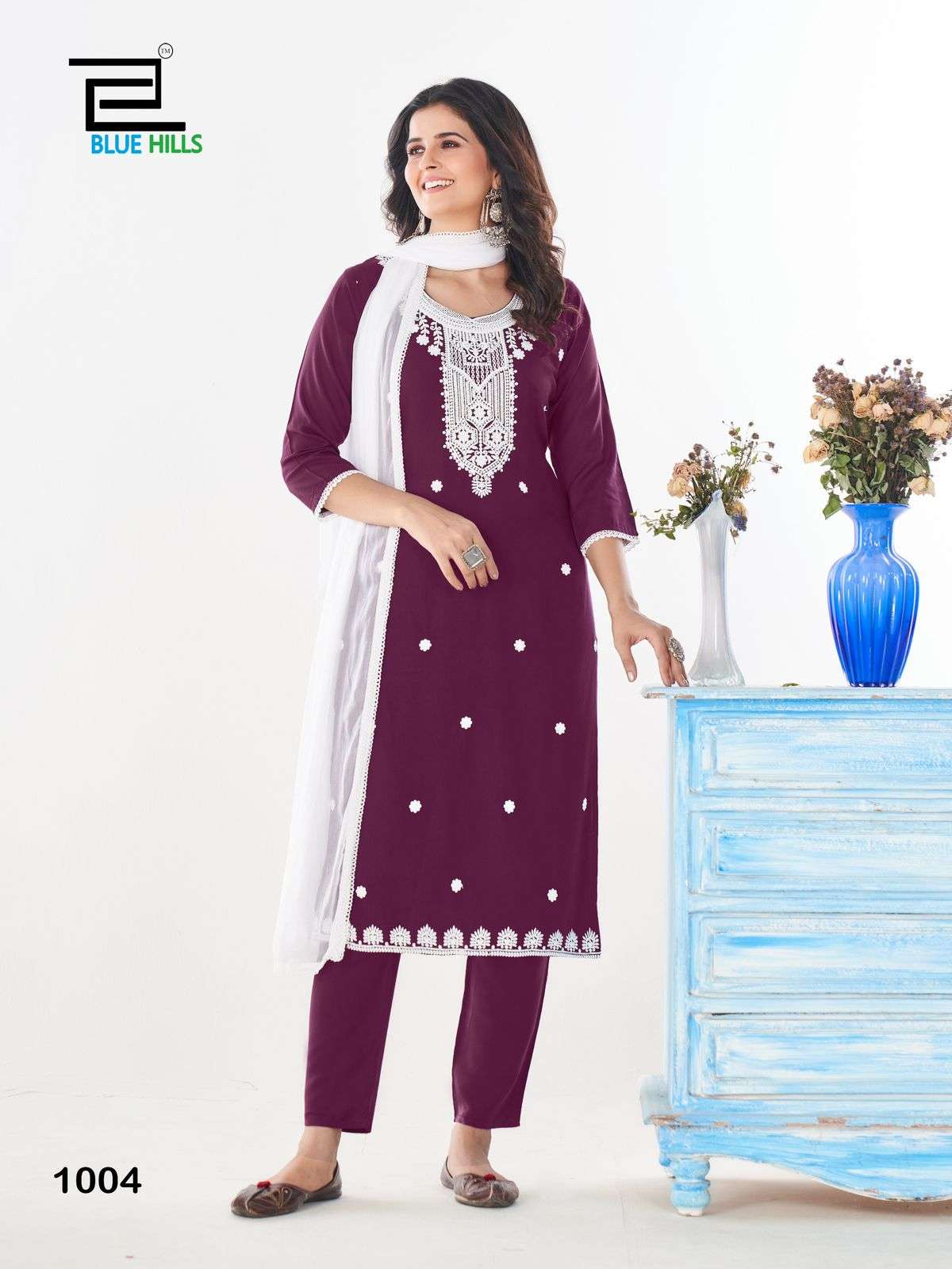 SHRADDHA BY BLUE HILLS RAYON FABRIC WHITE EMBROIDERY WORK STYLISH KURTI PANT WITH DUPATTA 