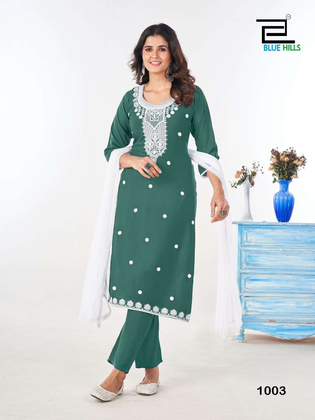 SHRADDHA BY BLUE HILLS RAYON FABRIC WHITE EMBROIDERY WORK STYLISH KURTI PANT WITH DUPATTA 