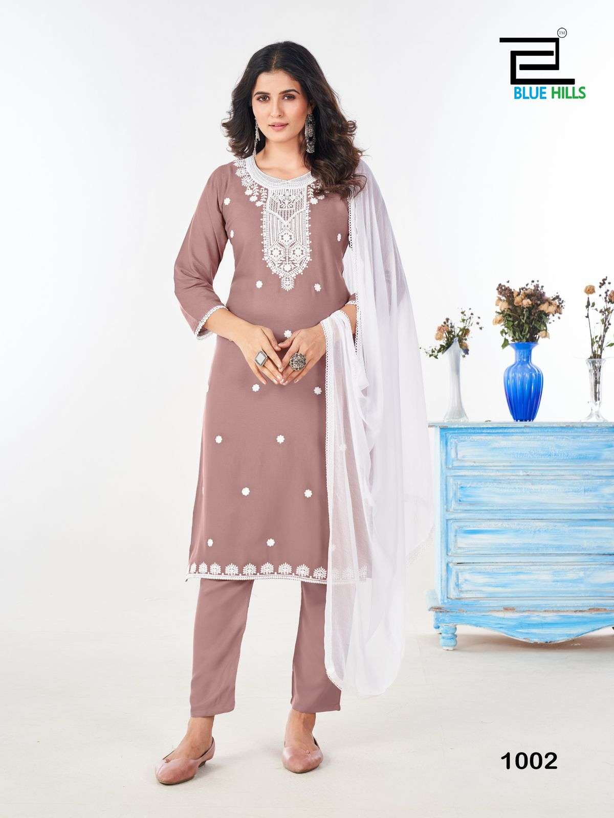 SHRADDHA BY BLUE HILLS RAYON FABRIC WHITE EMBROIDERY WORK STYLISH KURTI PANT WITH DUPATTA 