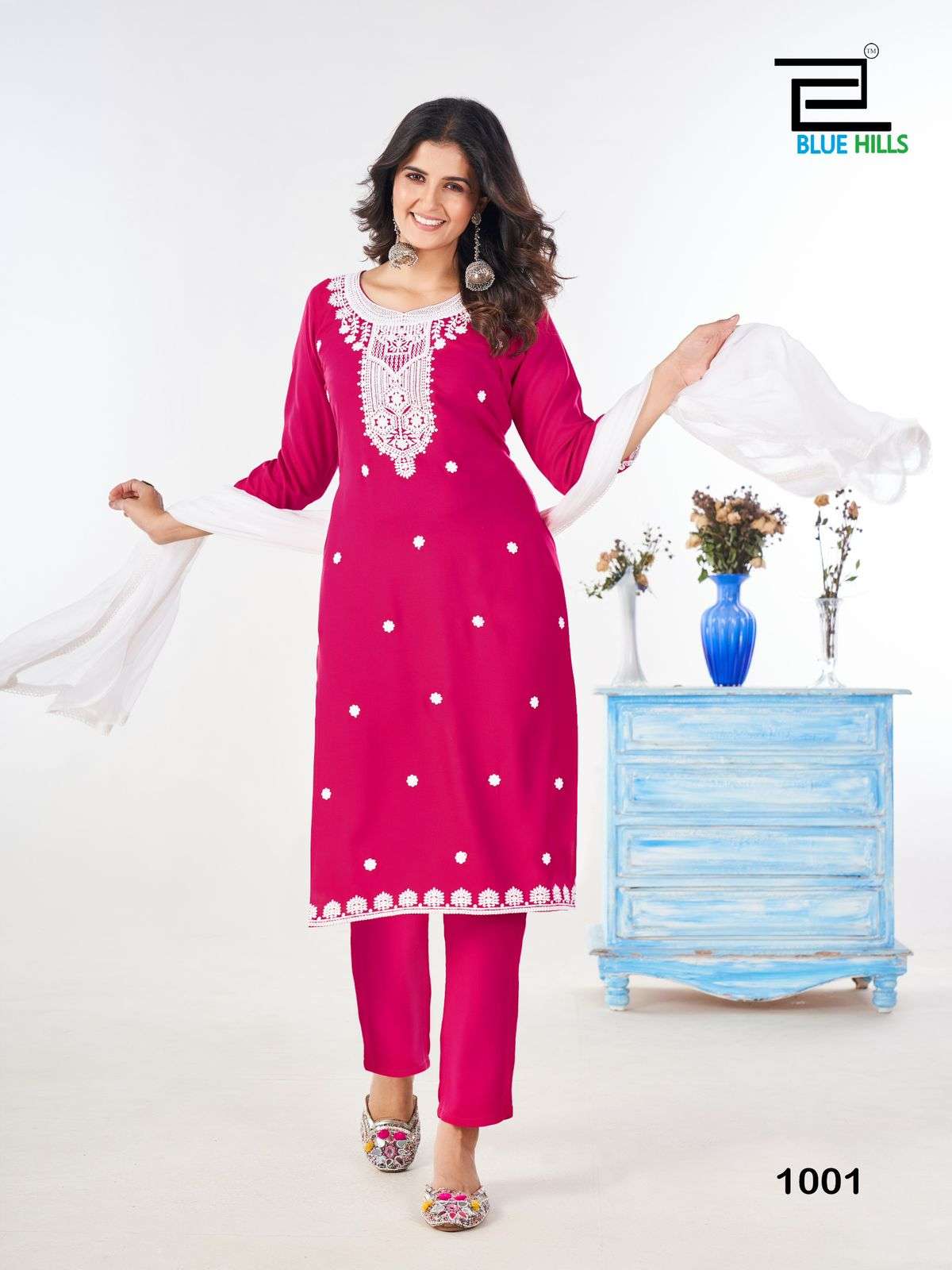 SHRADDHA BY BLUE HILLS RAYON FABRIC WHITE EMBROIDERY WORK STYLISH KURTI PANT WITH DUPATTA 
