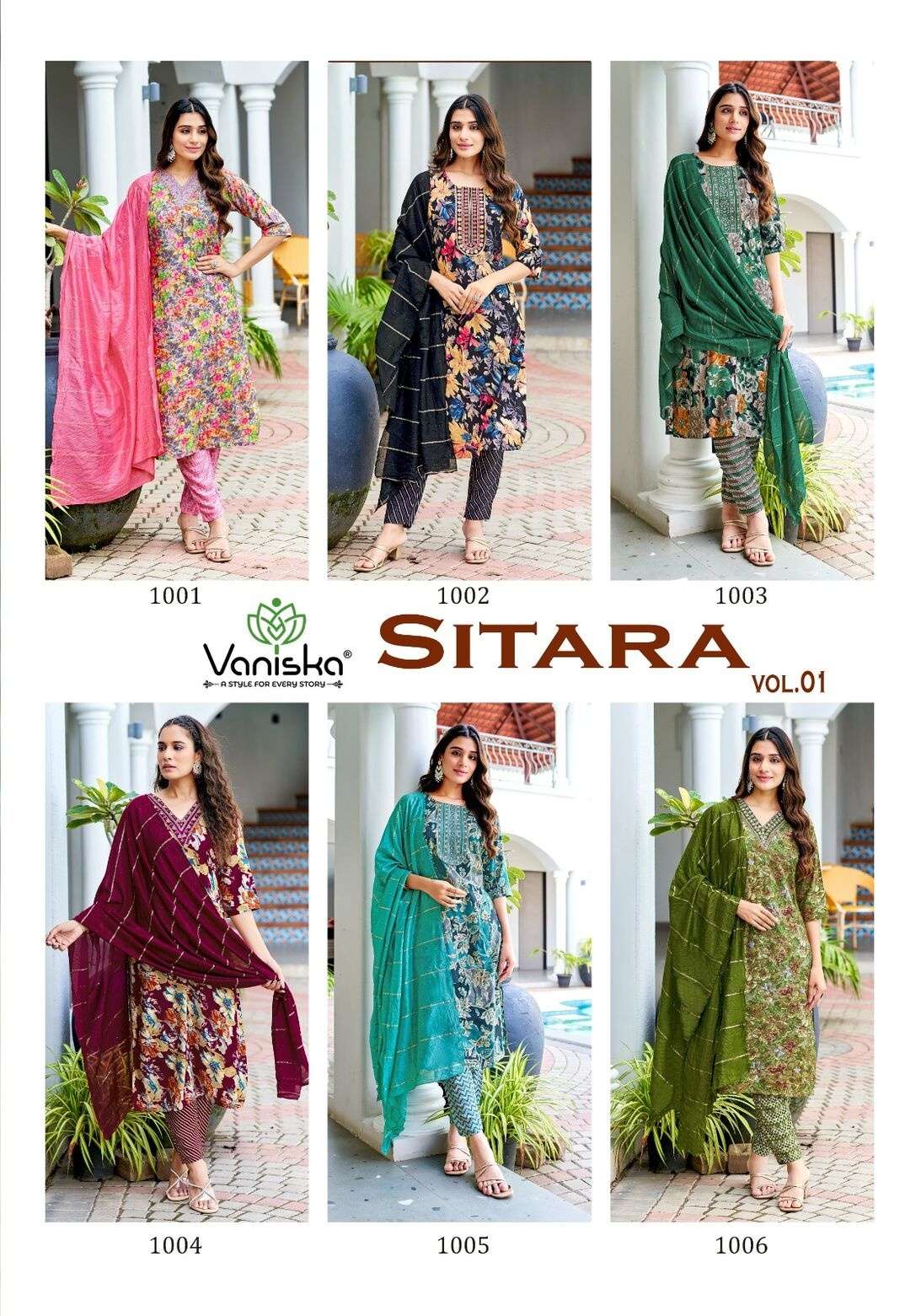 SITARA VOL-1 BY VANISKA RAYON FOIL PRINT FANCY STRAIGHT KURTI PANT & DUPATTA 
