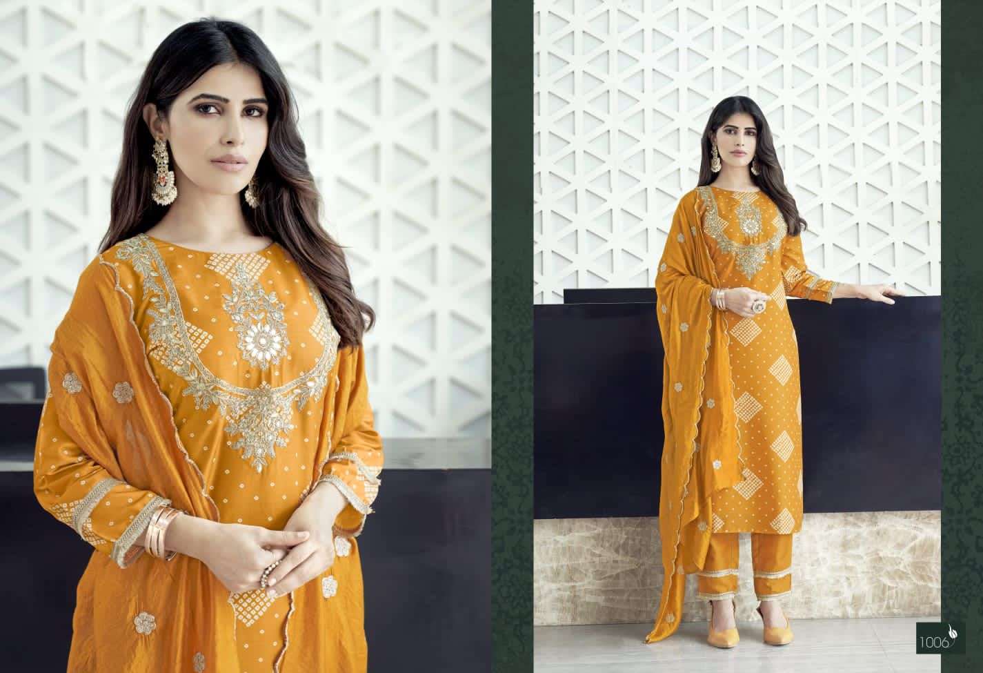 SLICE BY SWEETY FASHION FANCY CHINON SILK & BANDHEJ PRINT KURTI PANT WITH EMBROIDERY DUPATTA 