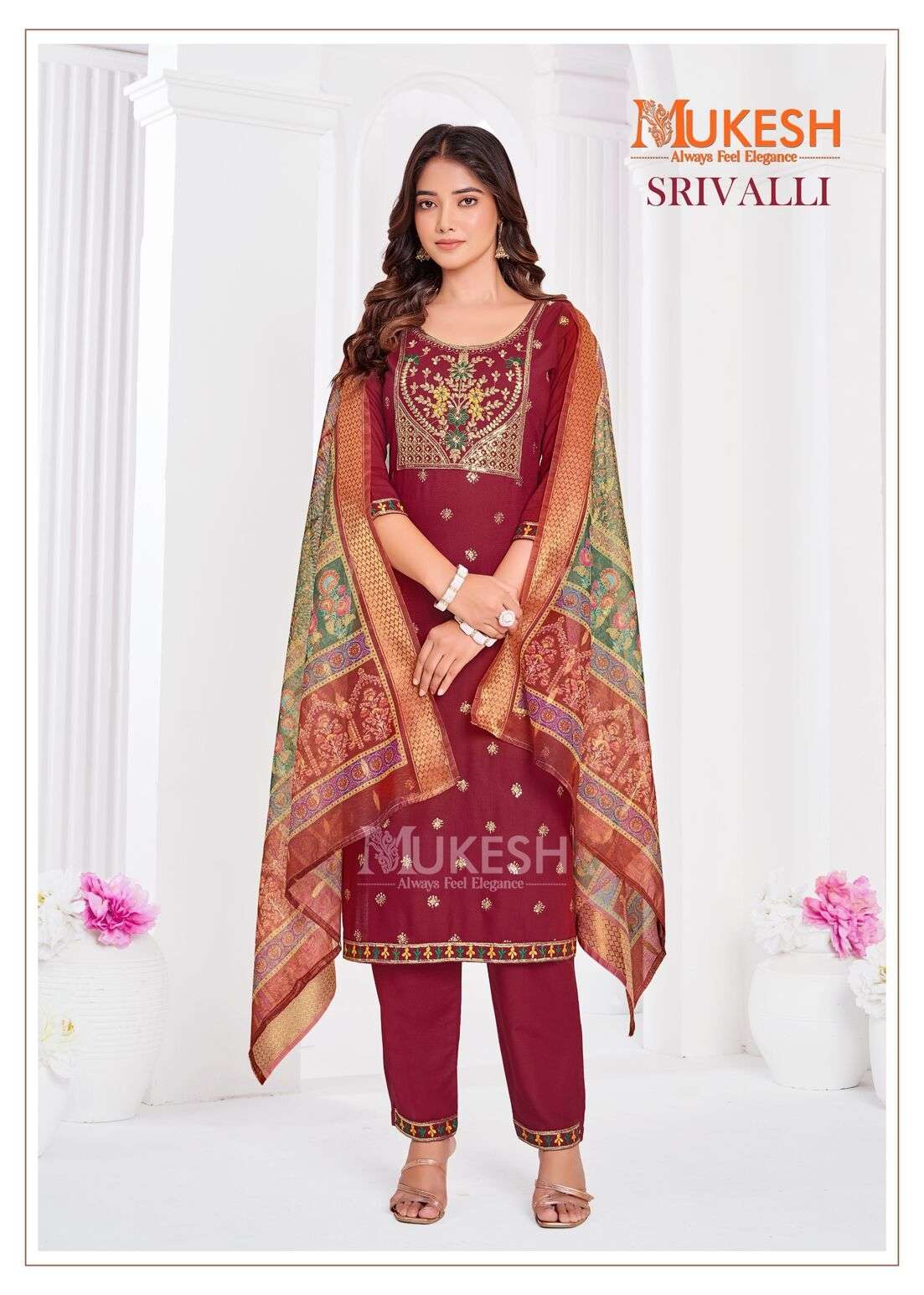 SRIVALLI BY MUKESH RAYON WITH EMBROIDERY BUTTY NECK LACE TOP BOTTOM WITH DUPATTA 