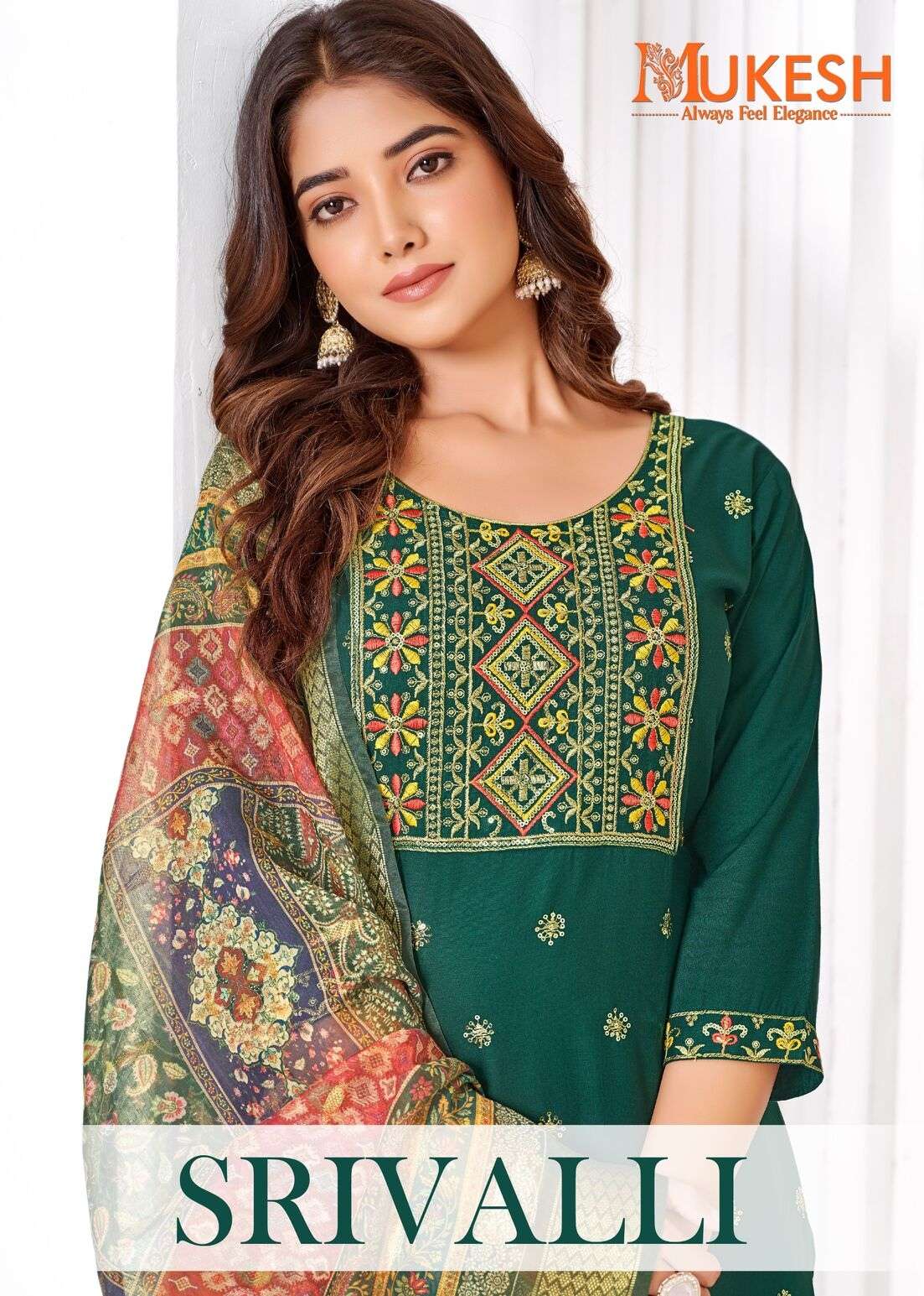 SRIVALLI BY MUKESH RAYON WITH EMBROIDERY BUTTY NECK LACE TOP BOTTOM WITH DUPATTA 