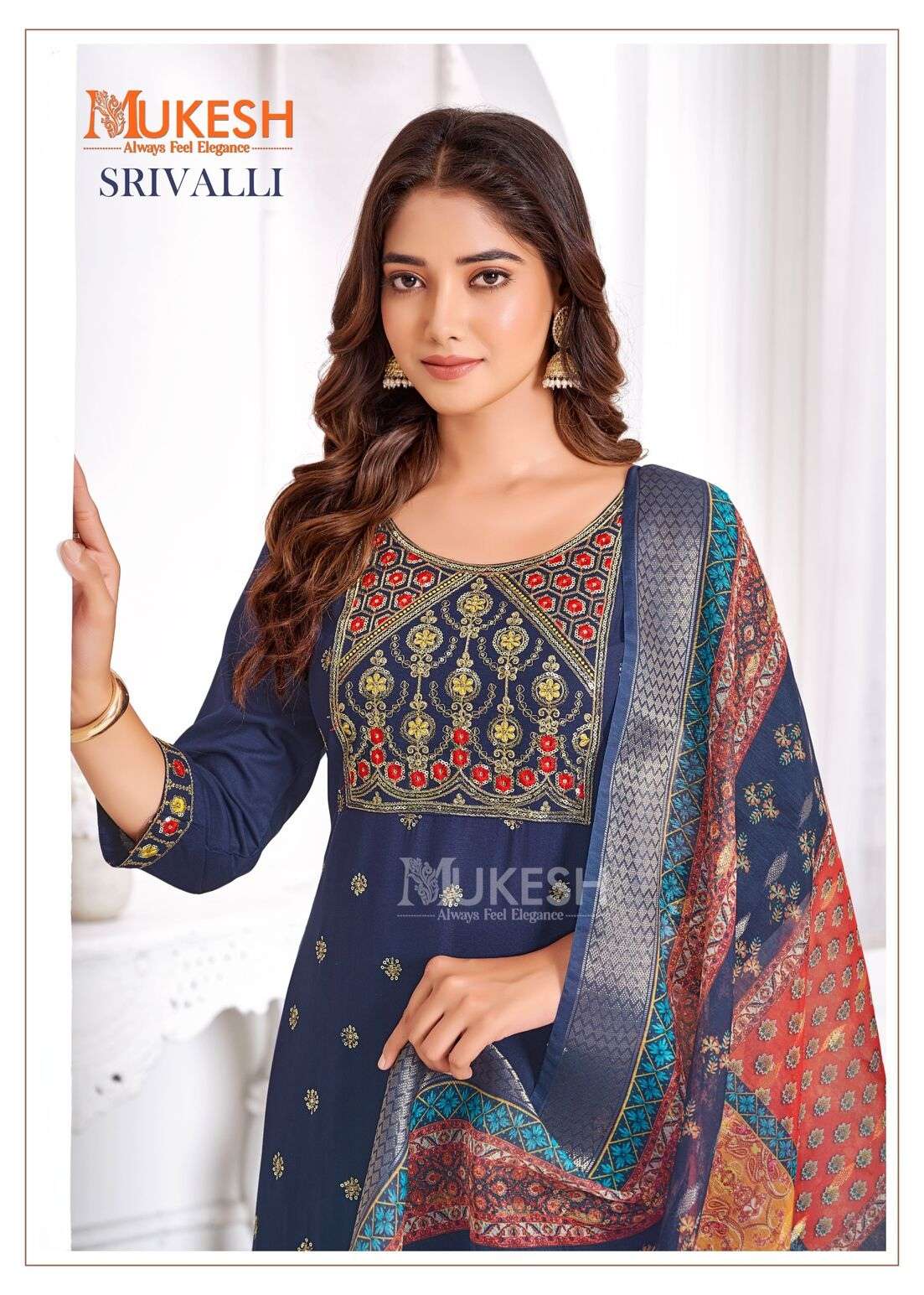 SRIVALLI BY MUKESH RAYON WITH EMBROIDERY BUTTY NECK LACE TOP BOTTOM WITH DUPATTA 