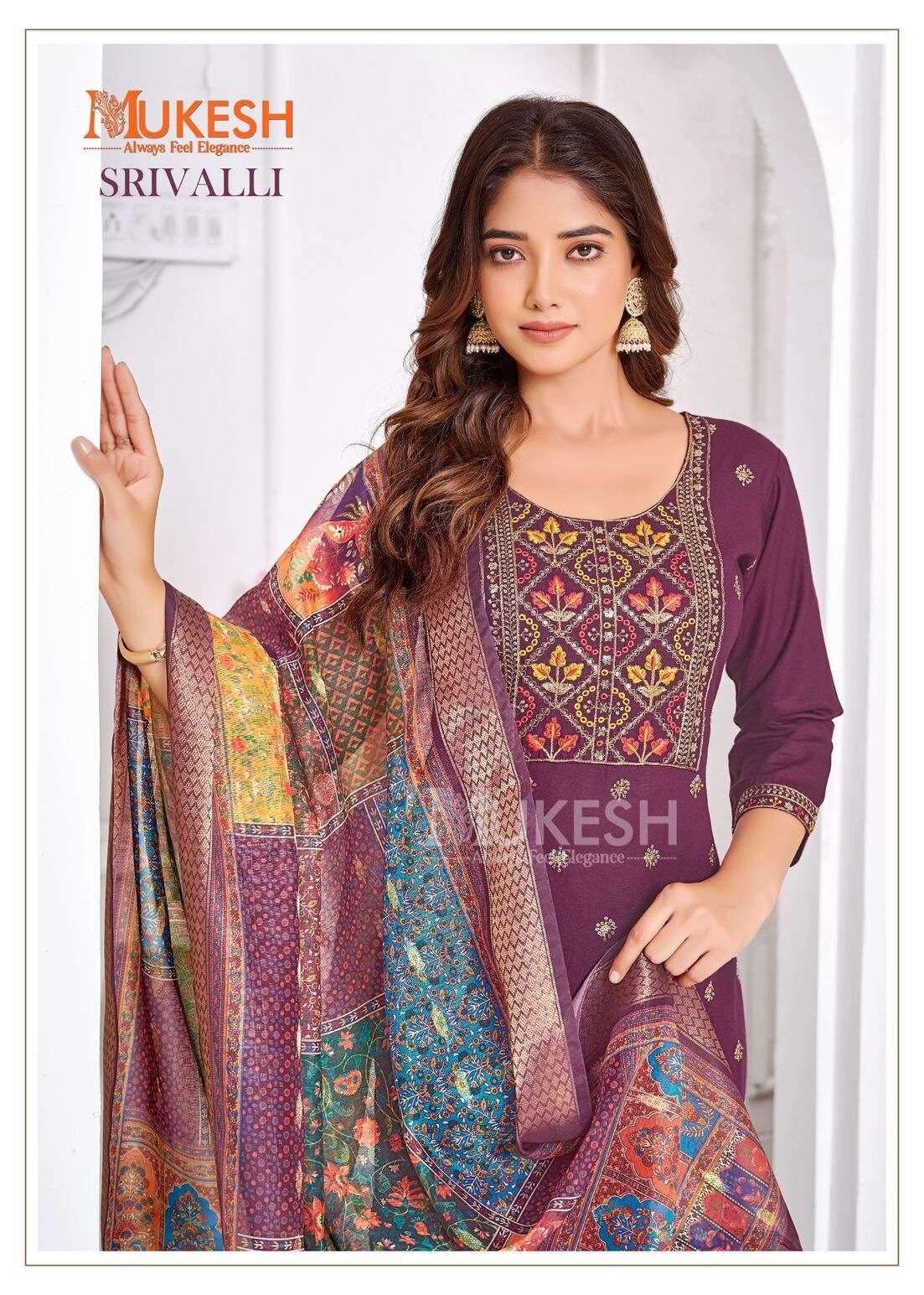 SRIVALLI BY MUKESH RAYON WITH EMBROIDERY BUTTY NECK LACE TOP BOTTOM WITH DUPATTA 
