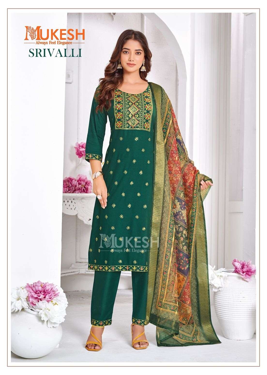 SRIVALLI BY MUKESH RAYON WITH EMBROIDERY BUTTY NECK LACE TOP BOTTOM WITH DUPATTA 