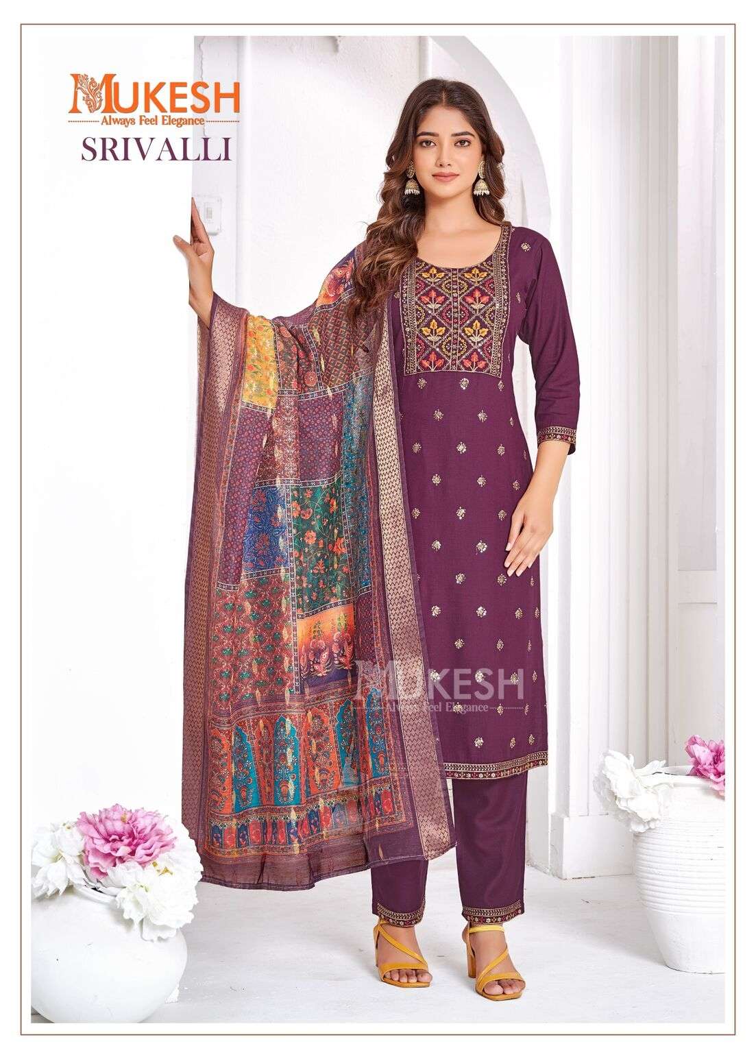 SRIVALLI BY MUKESH RAYON WITH EMBROIDERY BUTTY NECK LACE TOP BOTTOM WITH DUPATTA 