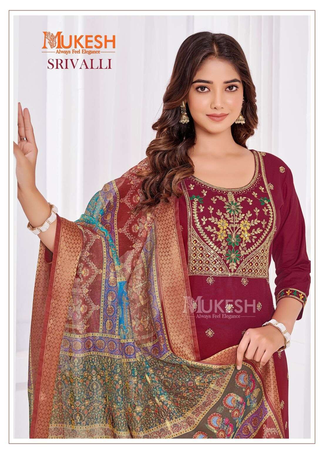 SRIVALLI BY MUKESH RAYON WITH EMBROIDERY BUTTY NECK LACE TOP BOTTOM WITH DUPATTA 