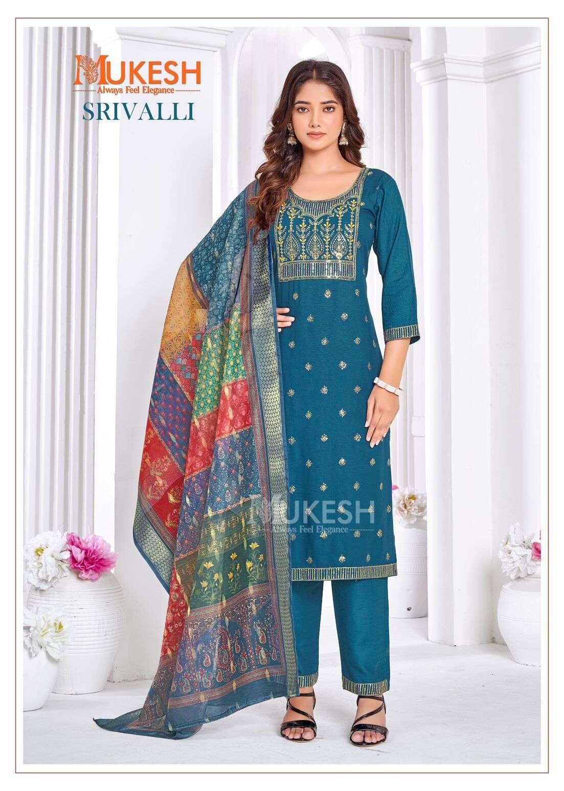 SRIVALLI BY MUKESH RAYON WITH EMBROIDERY BUTTY NECK LACE TOP BOTTOM WITH DUPATTA 