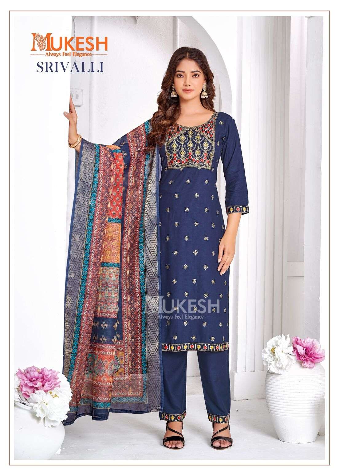 SRIVALLI BY MUKESH RAYON WITH EMBROIDERY BUTTY NECK LACE TOP BOTTOM WITH DUPATTA 
