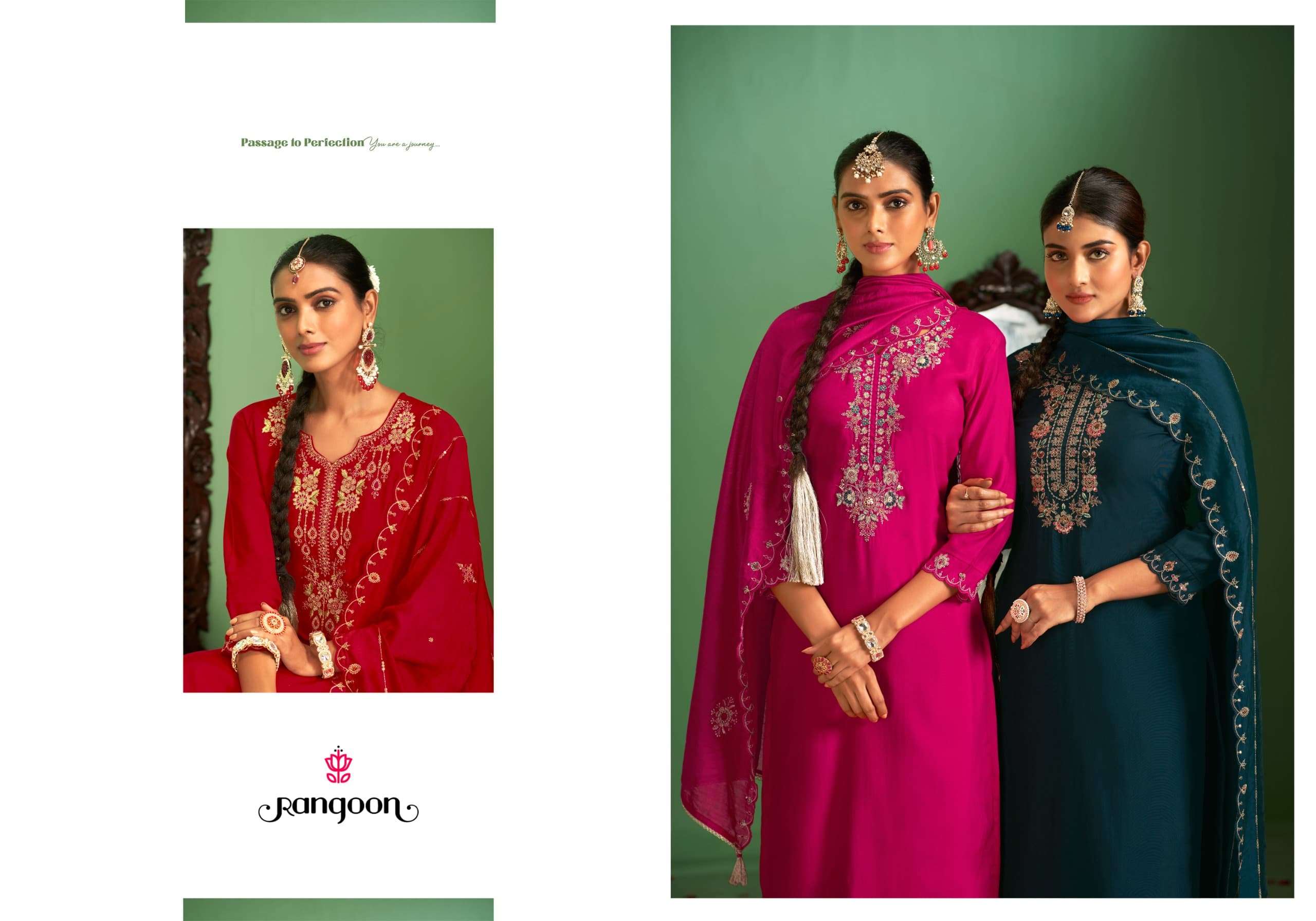 TRIVENI BY RANGOON SILK WITH FANCY EMBROIDERY WORK  KURTI PANT WITH HEAVY WORK DUPATTA 