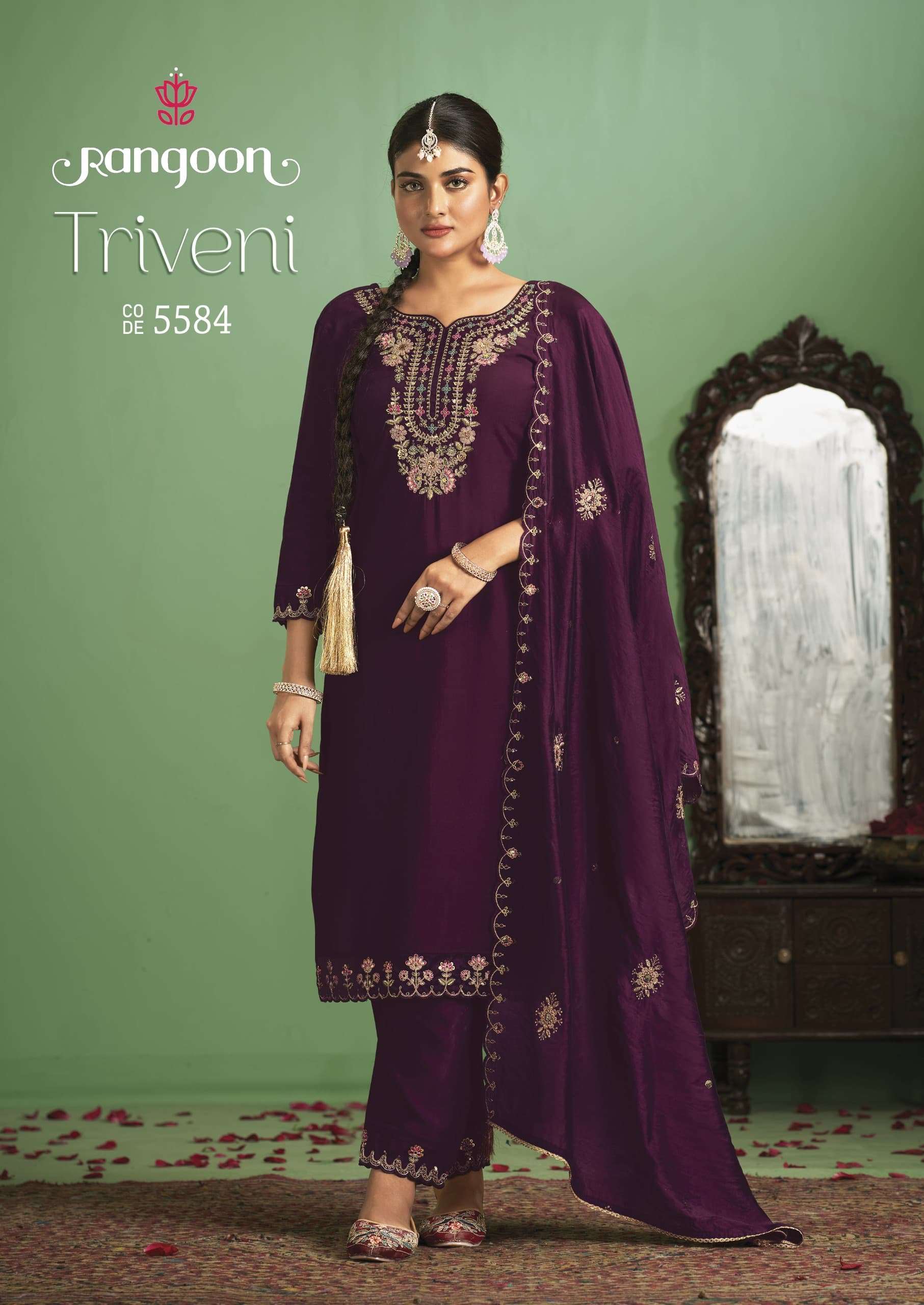 TRIVENI BY RANGOON SILK WITH FANCY EMBROIDERY WORK  KURTI PANT WITH HEAVY WORK DUPATTA 