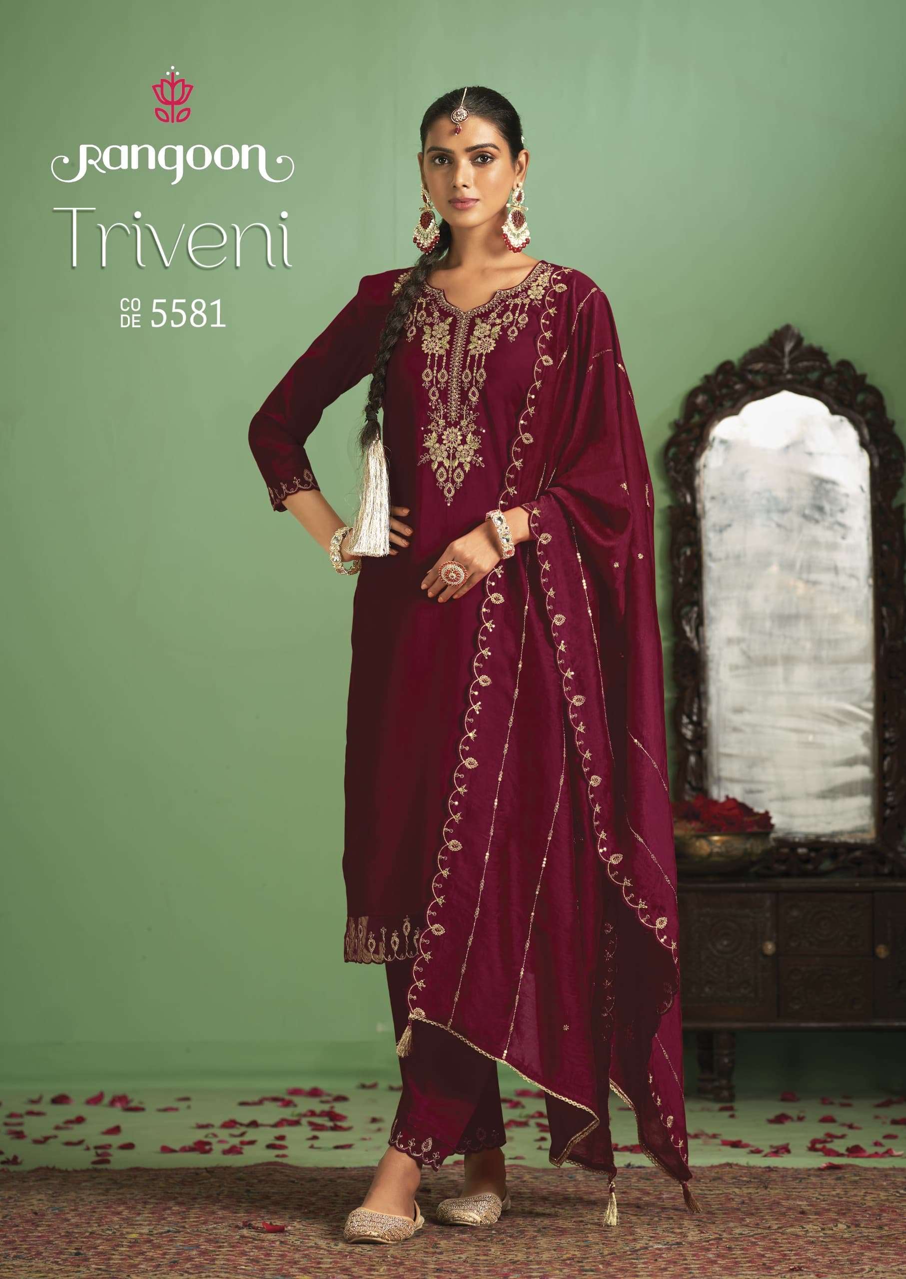 TRIVENI BY RANGOON SILK WITH FANCY EMBROIDERY WORK  KURTI PANT WITH HEAVY WORK DUPATTA 