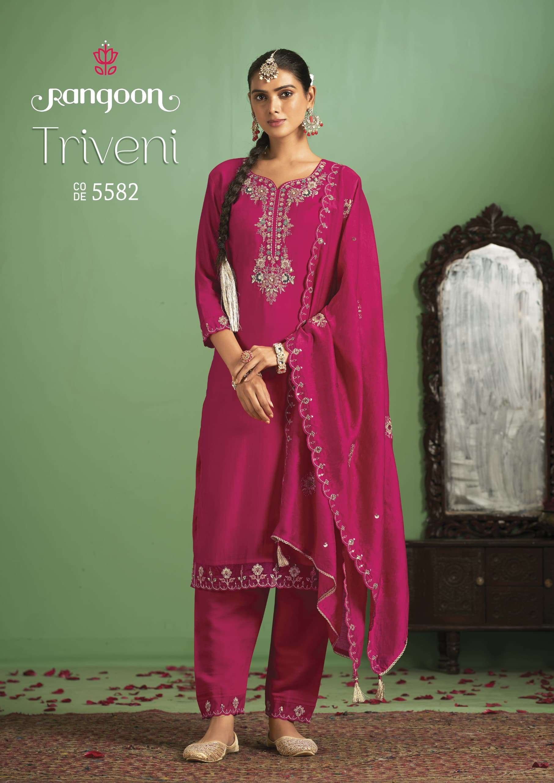 TRIVENI BY RANGOON SILK WITH FANCY EMBROIDERY WORK  KURTI PANT WITH HEAVY WORK DUPATTA 