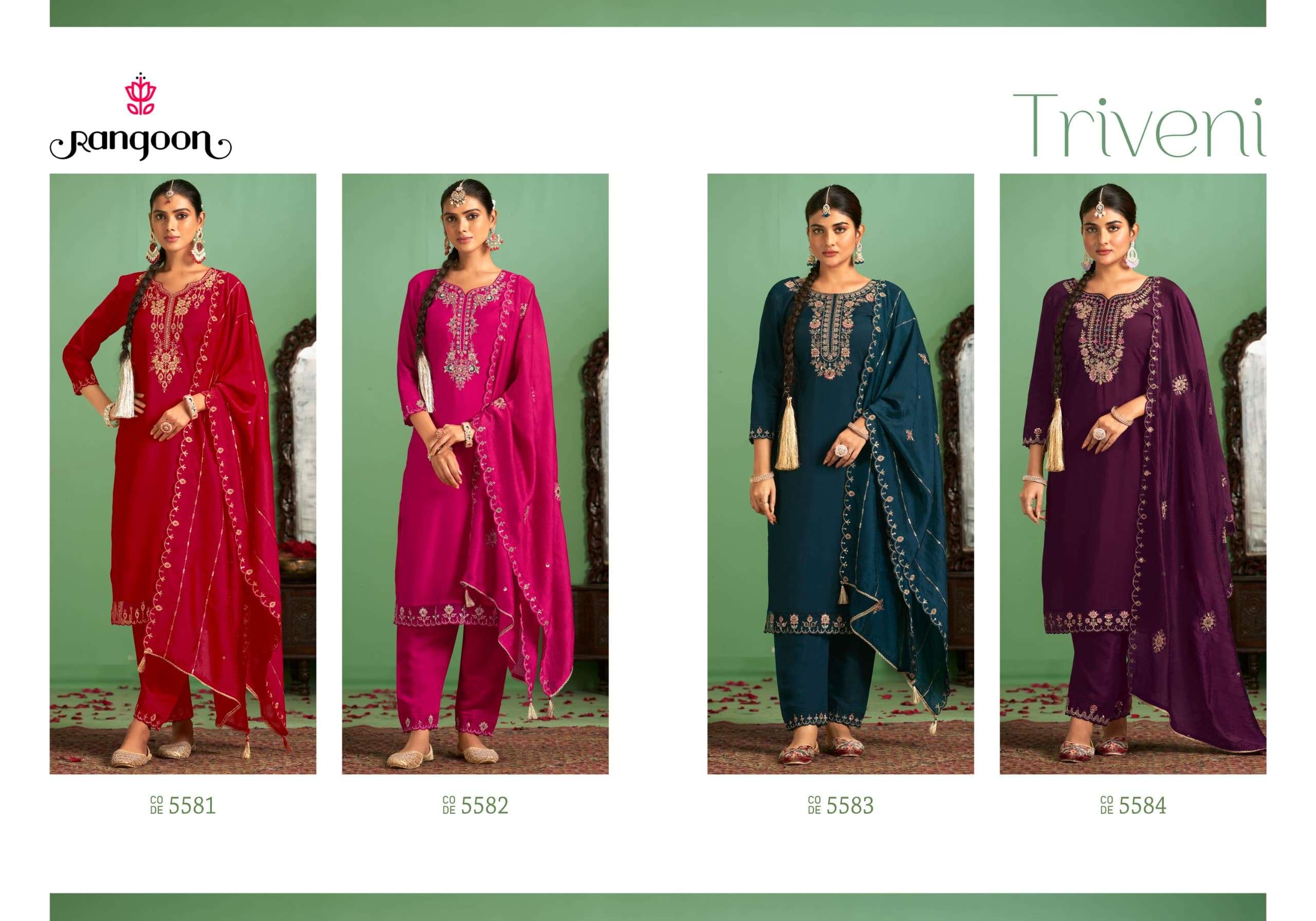 TRIVENI BY RANGOON SILK WITH FANCY EMBROIDERY WORK  KURTI PANT WITH HEAVY WORK DUPATTA 