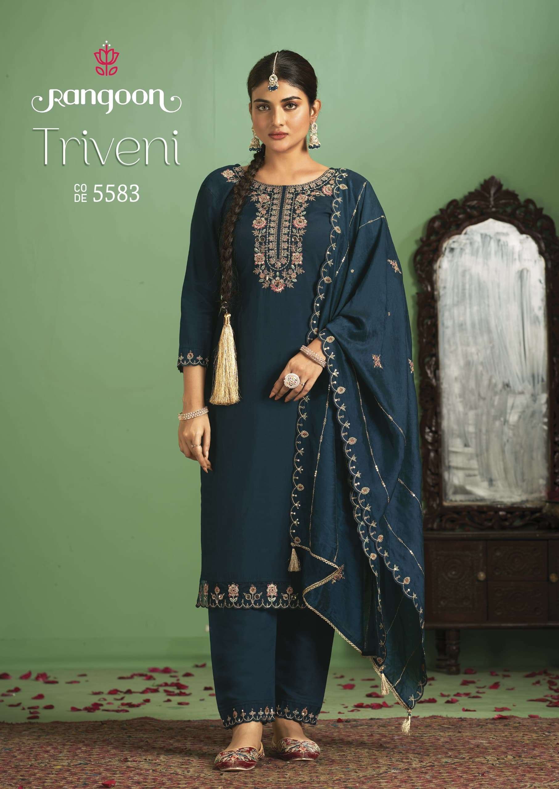 TRIVENI BY RANGOON SILK WITH FANCY EMBROIDERY WORK  KURTI PANT WITH HEAVY WORK DUPATTA 