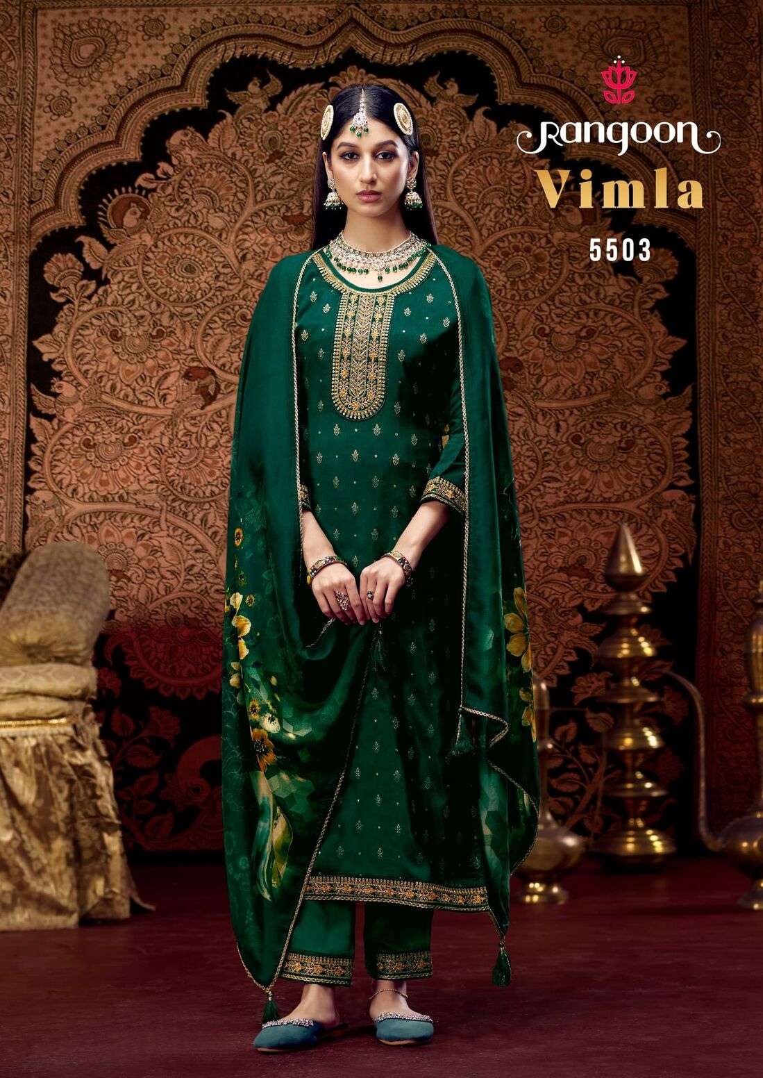 VIMLA BY RANGOON PURE DOLA & FANCY KHATLI HAND WORK 3 PCS WITH FANCY WORK PANT 
