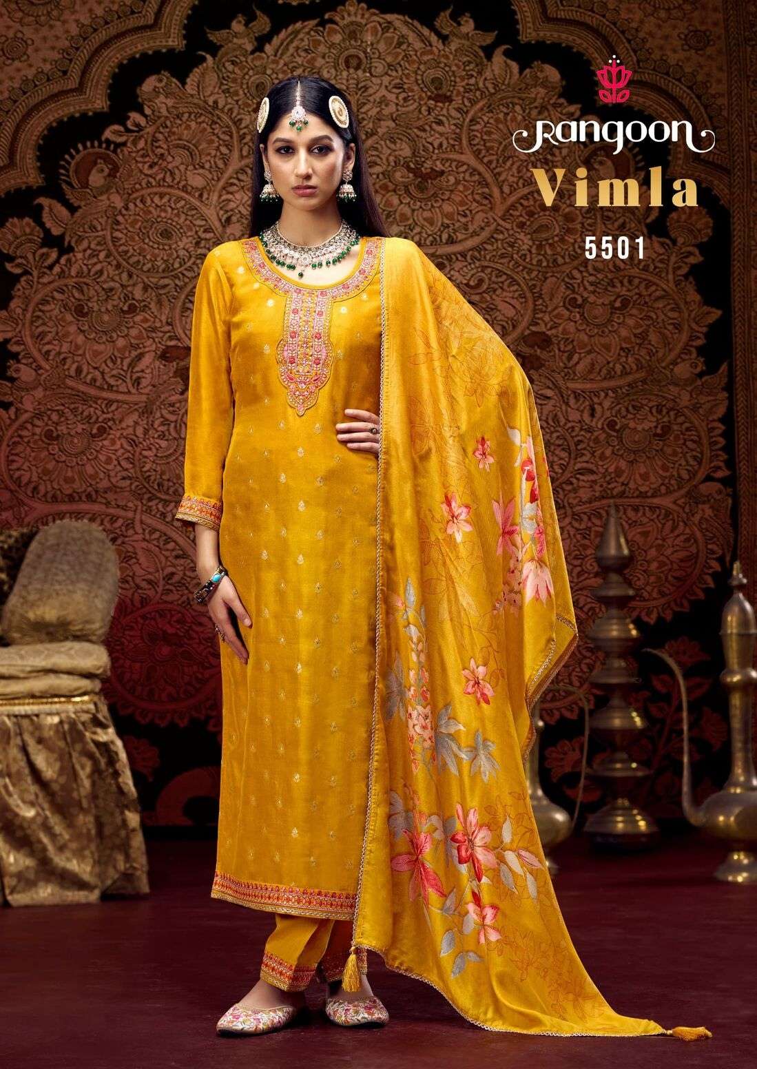 VIMLA BY RANGOON PURE DOLA & FANCY KHATLI HAND WORK 3 PCS WITH FANCY WORK PANT 