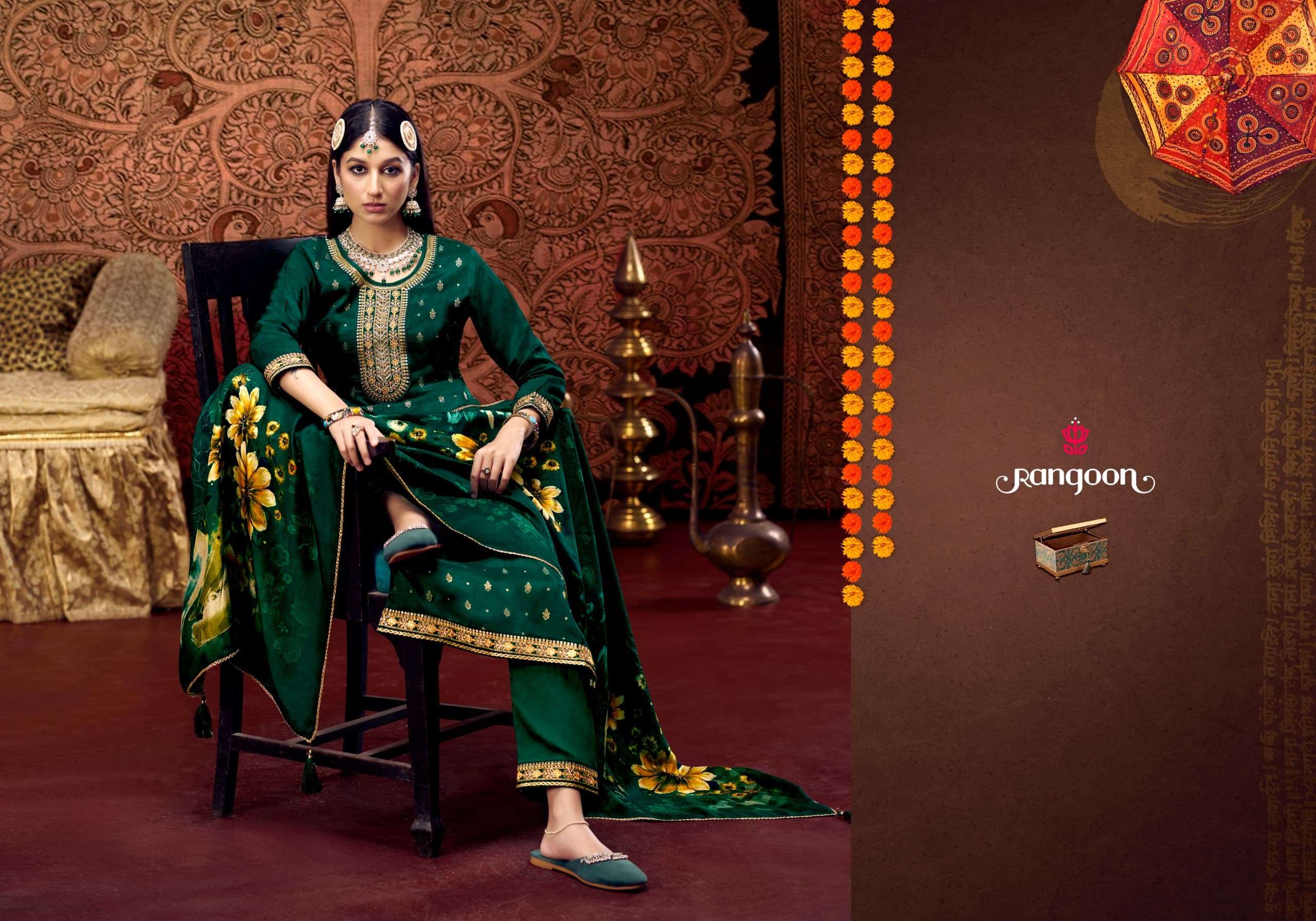 VIMLA BY RANGOON PURE DOLA & FANCY KHATLI HAND WORK 3 PCS WITH FANCY WORK PANT 