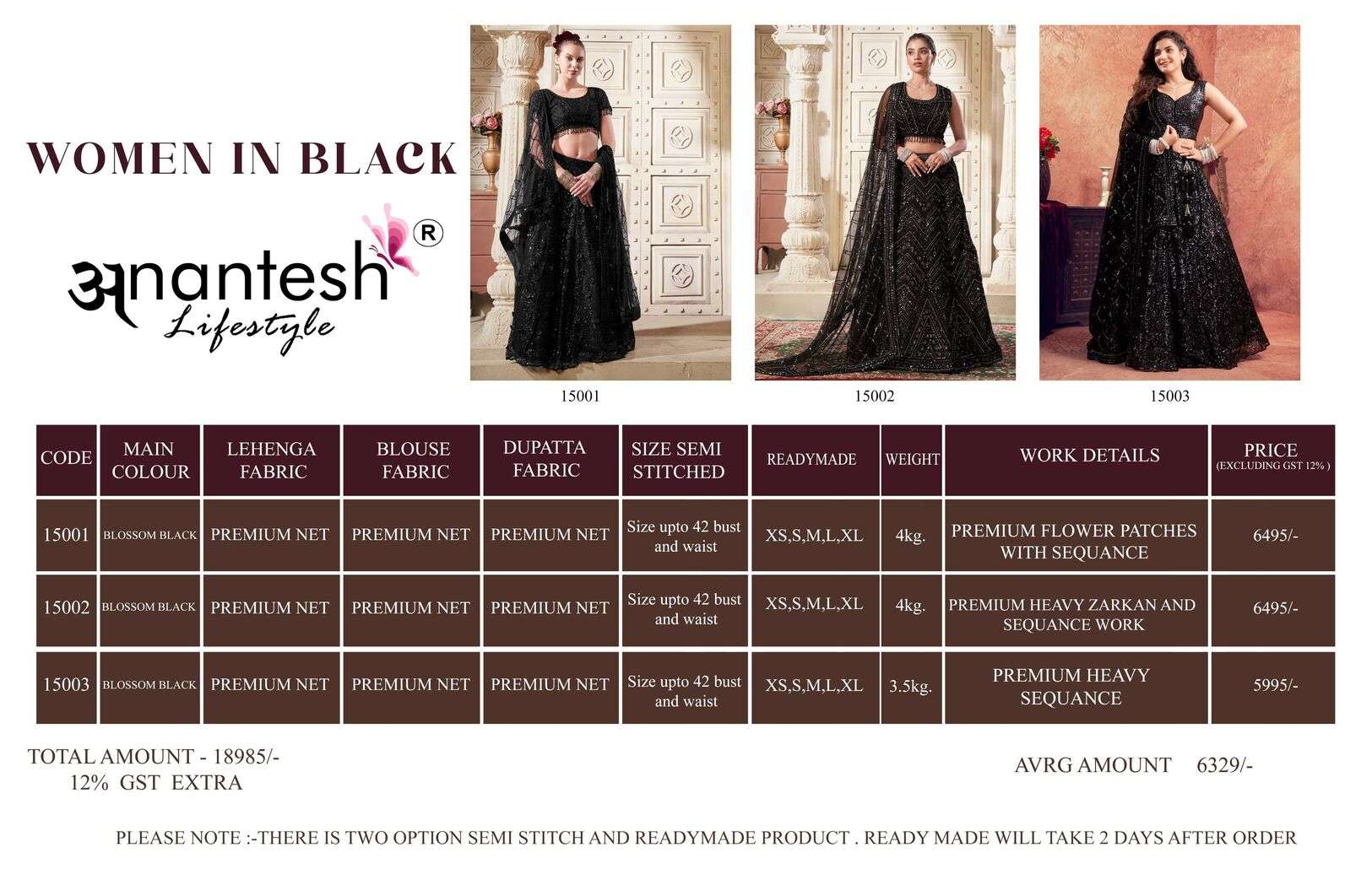 WOMEN IN BLACK SERIES 15001 TO 15003 BY ANANTESH LIFESTYLES BLACK COLOUR SEQUENCE WORK PARTY WEAR LEHENGA BLOUSE WITH DUPATTA