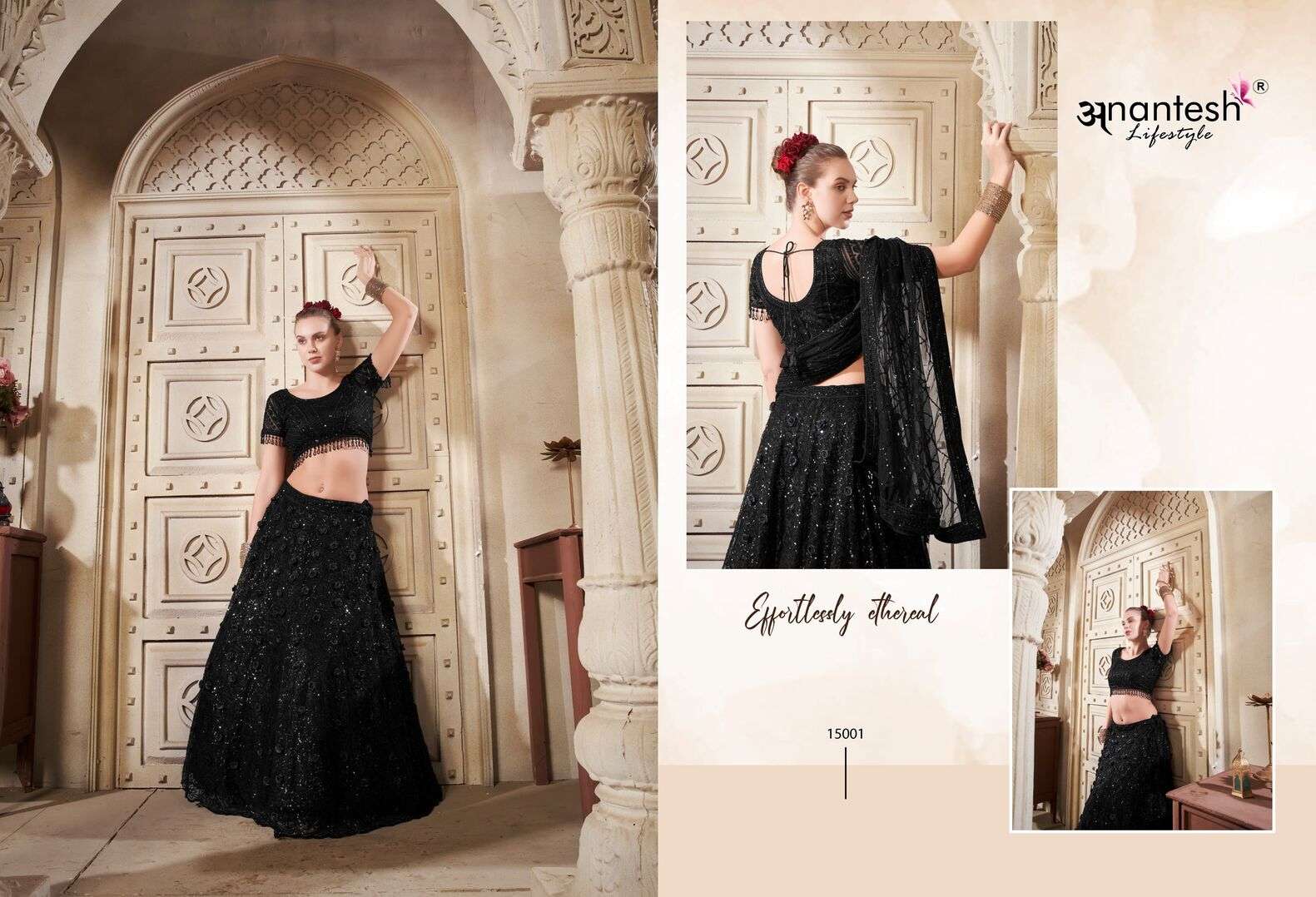 WOMEN IN BLACK SERIES 15001 TO 15003 BY ANANTESH LIFESTYLES BLACK COLOUR SEQUENCE WORK PARTY WEAR LEHENGA BLOUSE WITH DUPATTA