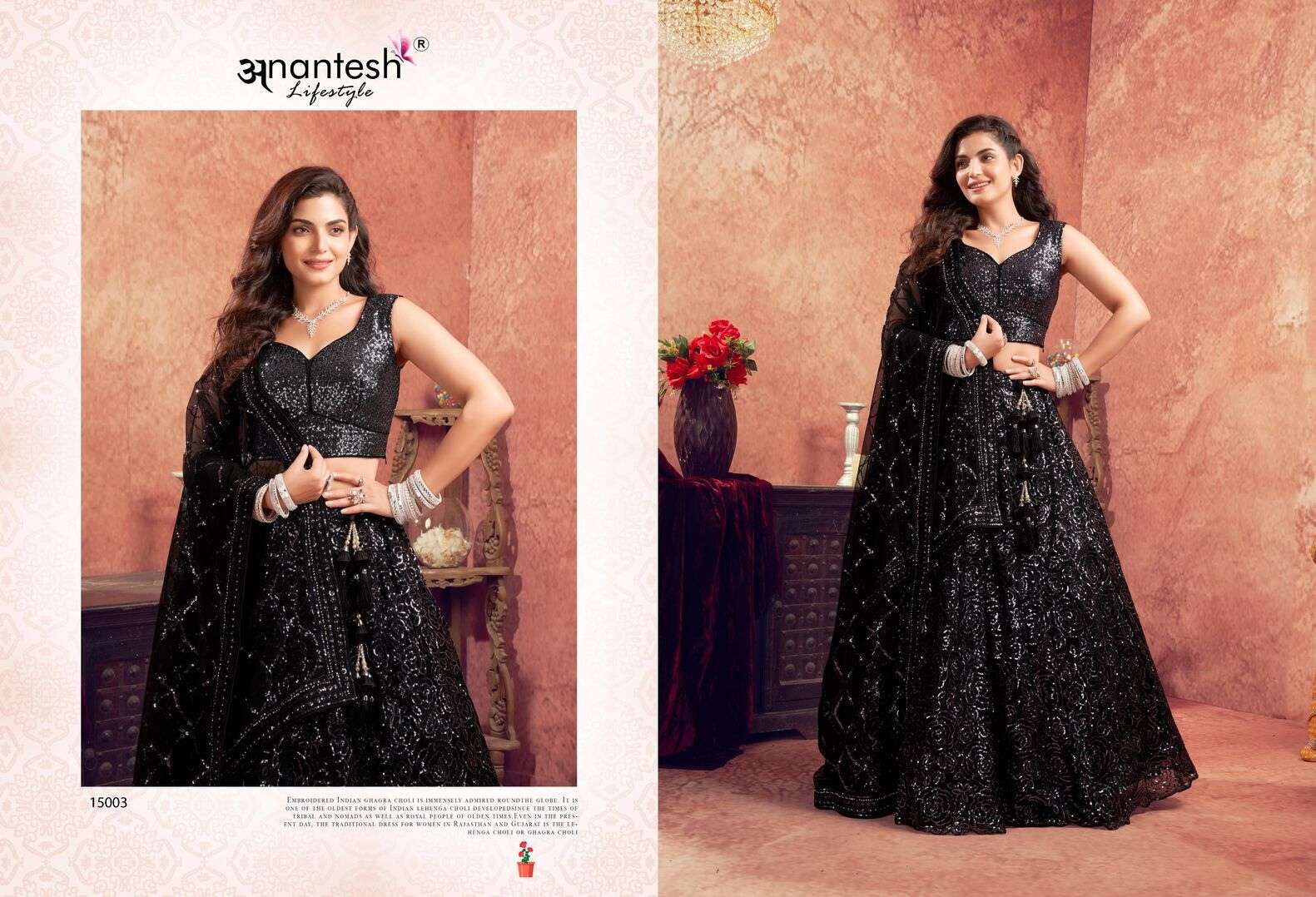 WOMEN IN BLACK SERIES 15001 TO 15003 BY ANANTESH LIFESTYLES BLACK COLOUR SEQUENCE WORK PARTY WEAR LEHENGA BLOUSE WITH DUPATTA