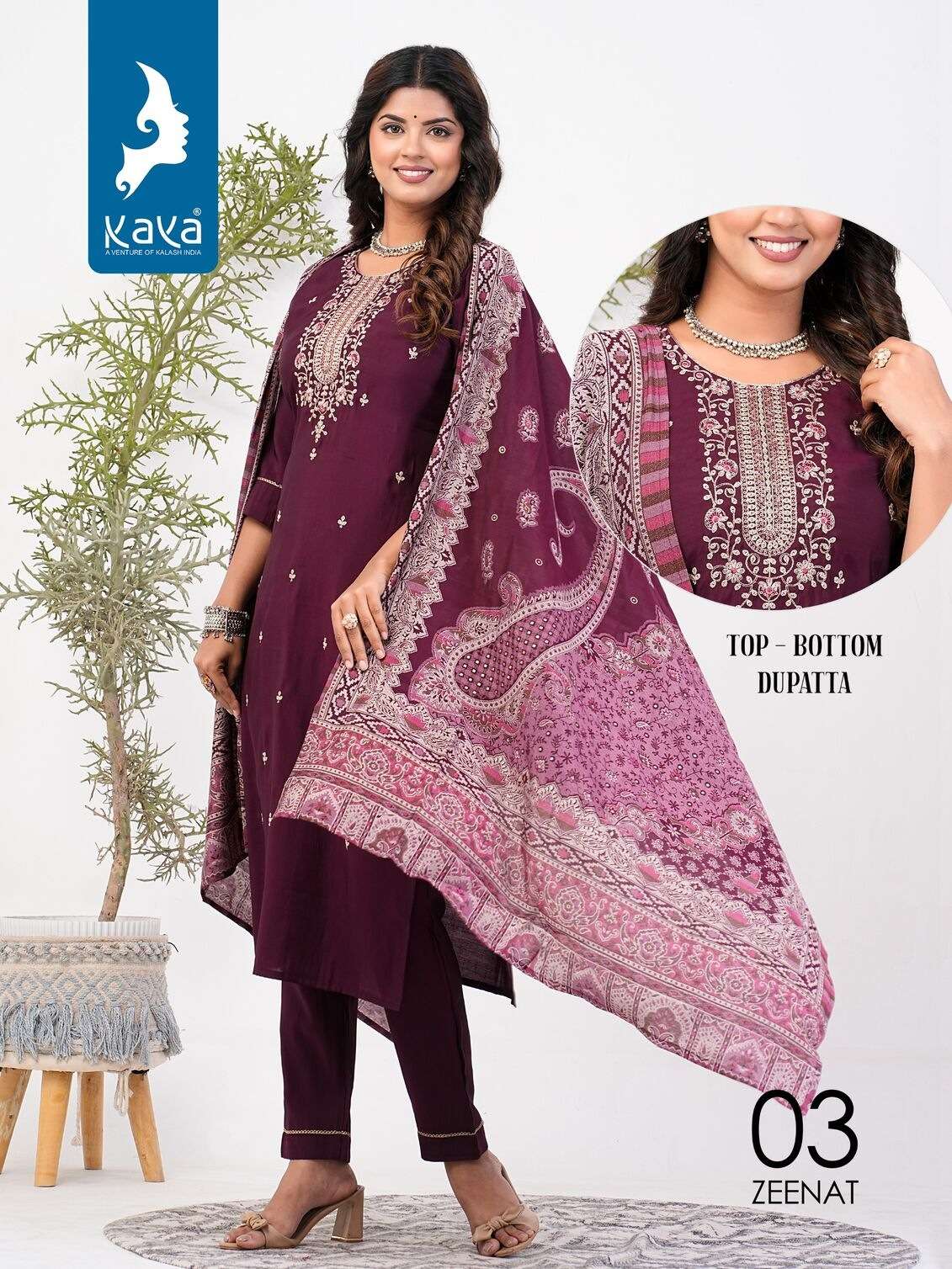 ZEENAT BY KAYA KURTI ROMAN SILK WITH ONESIDE POCKET KURTI PANT WITH MUSLIN PRINT DUPATTA 