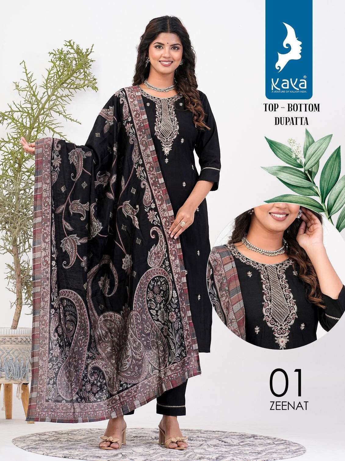 ZEENAT BY KAYA KURTI ROMAN SILK WITH ONESIDE POCKET KURTI PANT WITH MUSLIN PRINT DUPATTA 