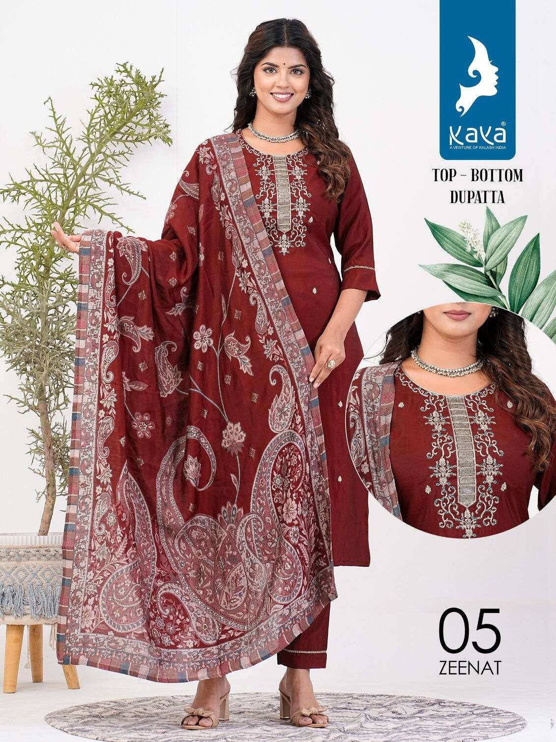 ZEENAT BY KAYA KURTI ROMAN SILK WITH ONESIDE POCKET KURTI PANT WITH MUSLIN PRINT DUPATTA 