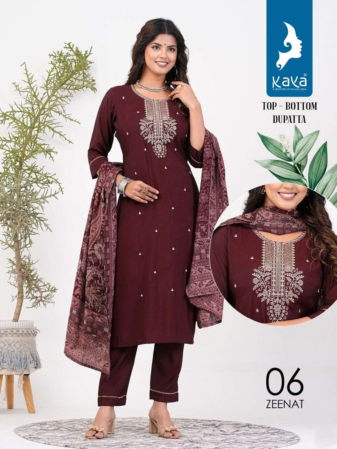 ZEENAT BY KAYA KURTI ROMAN SILK WITH ONESIDE POCKET KURTI PANT WITH MUSLIN PRINT DUPATTA 