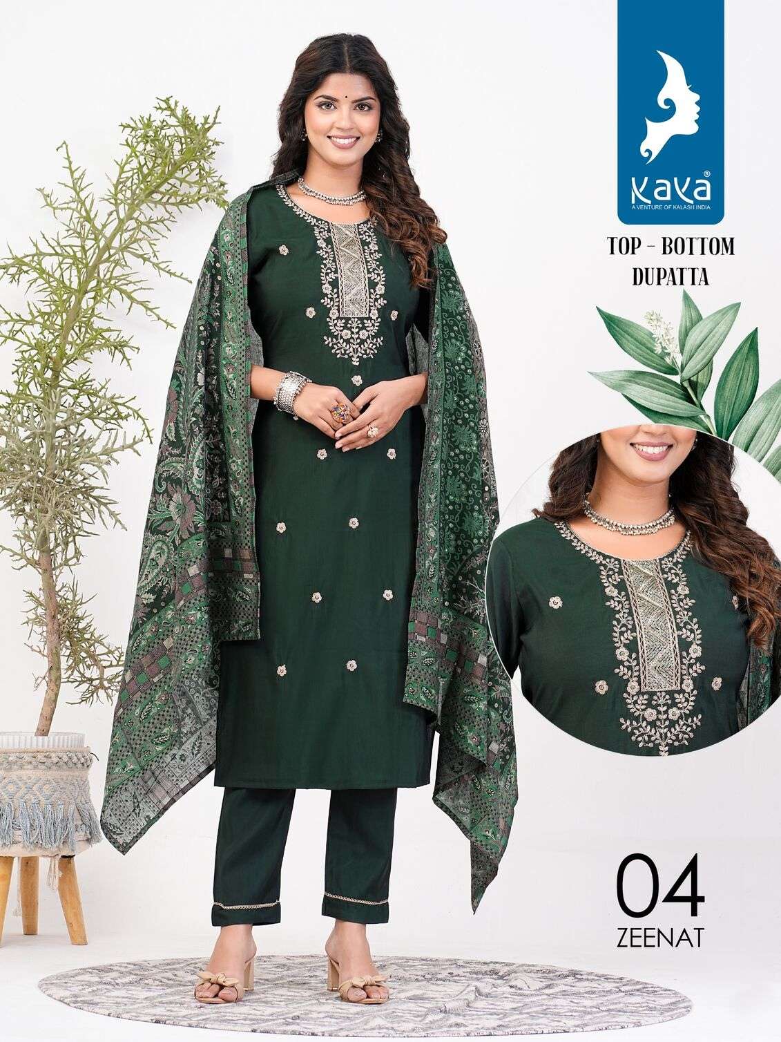 ZEENAT BY KAYA KURTI ROMAN SILK WITH ONESIDE POCKET KURTI PANT WITH MUSLIN PRINT DUPATTA 