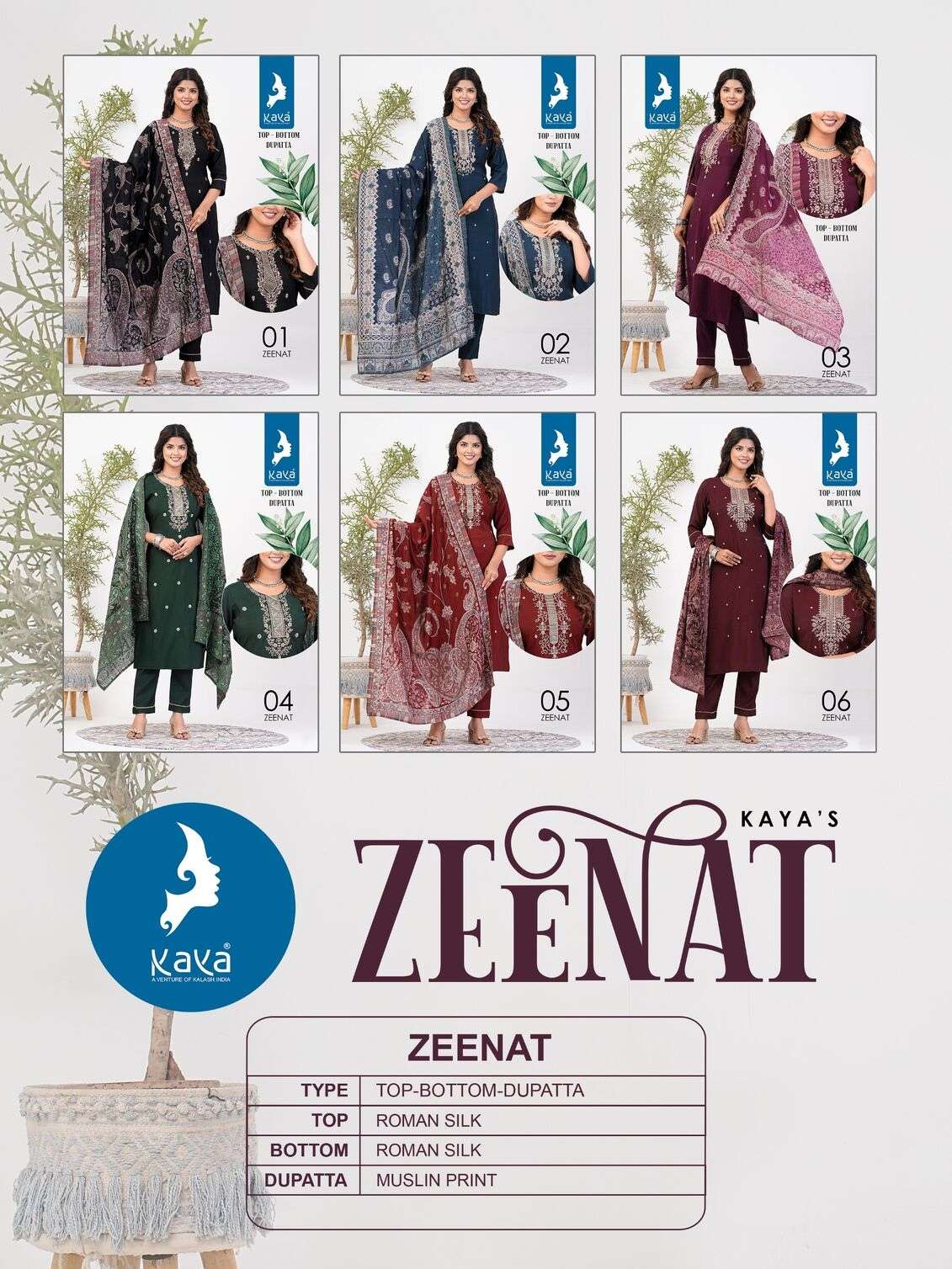 ZEENAT BY KAYA KURTI ROMAN SILK WITH ONESIDE POCKET KURTI PANT WITH MUSLIN PRINT DUPATTA 