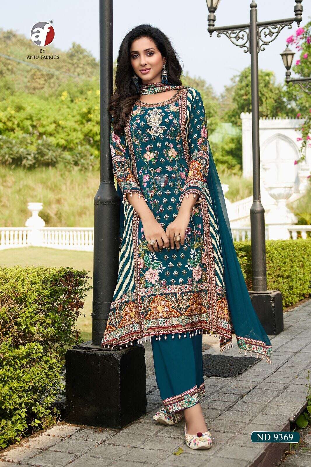 ANJU FABRICS D-9369 OFFERS CREPE TOP, VISCOSE BOTTOM, LACE DUPATTA