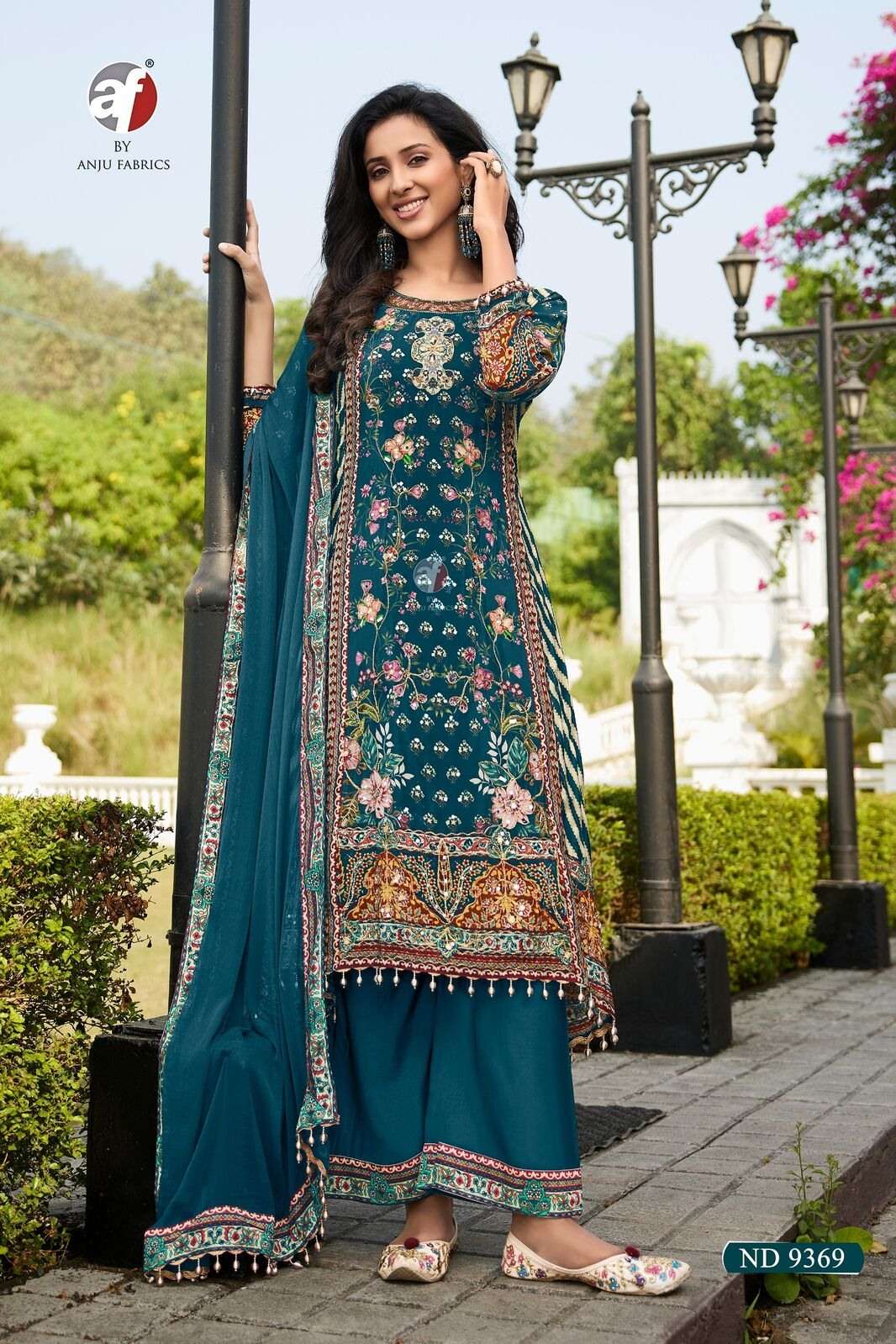 ANJU FABRICS D-9369 OFFERS CREPE TOP, VISCOSE BOTTOM, LACE DUPATTA