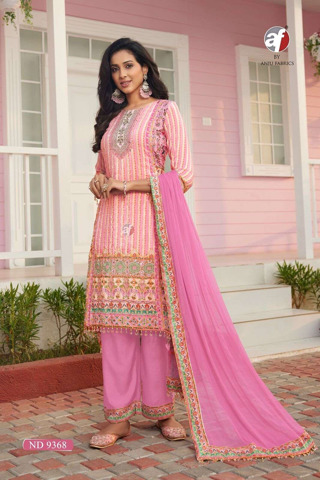 ANJU FABRICS D-9369 OFFERS CREPE TOP, VISCOSE BOTTOM, LACE DUPATTA