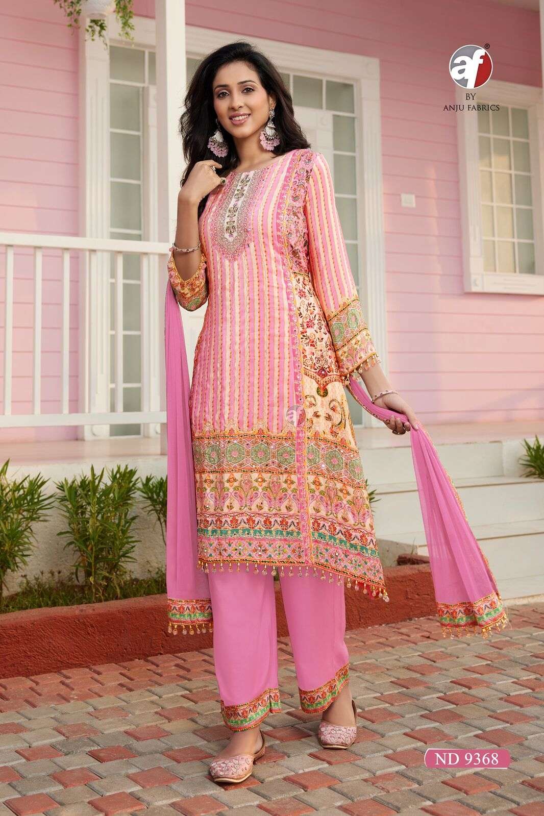 ANJU FABRICS D-9369 OFFERS CREPE TOP, VISCOSE BOTTOM, LACE DUPATTA