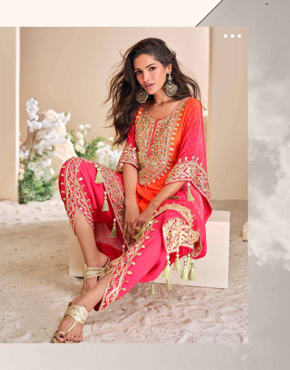 JHOOMAR 4 PCS CONCEPT BY SAYURI DESIGNER IN PURE VISCOS NATURAL CREPE SILK WITH TULIP HAND MIRROR WORK 