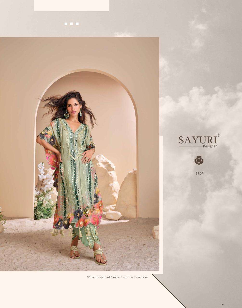 JHOOMAR 4 PCS CONCEPT BY SAYURI DESIGNER IN PURE VISCOS NATURAL CREPE SILK WITH TULIP HAND MIRROR WORK 