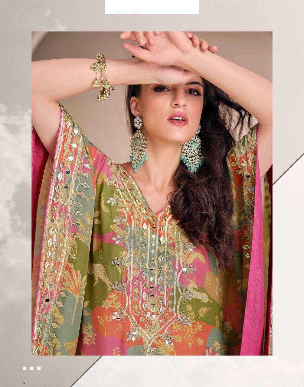 JHOOMAR 4 PCS CONCEPT BY SAYURI DESIGNER IN PURE VISCOS NATURAL CREPE SILK WITH TULIP HAND MIRROR WORK 