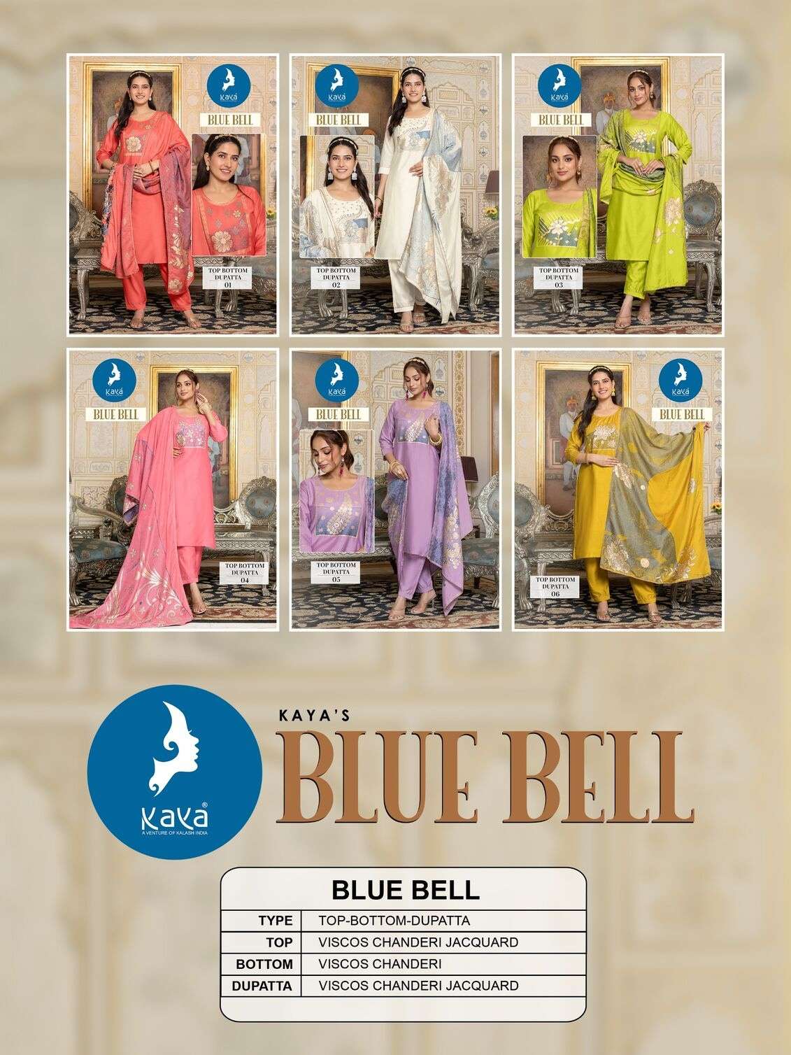  BLUE BELL BY KAYA  KURTI WORK-JACQUARD PLACEMENT AND PANT VISCOS CHANDERI  DUPATTA