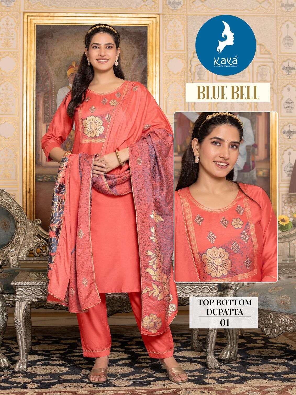  BLUE BELL BY KAYA  KURTI WORK-JACQUARD PLACEMENT AND PANT VISCOS CHANDERI  DUPATTA