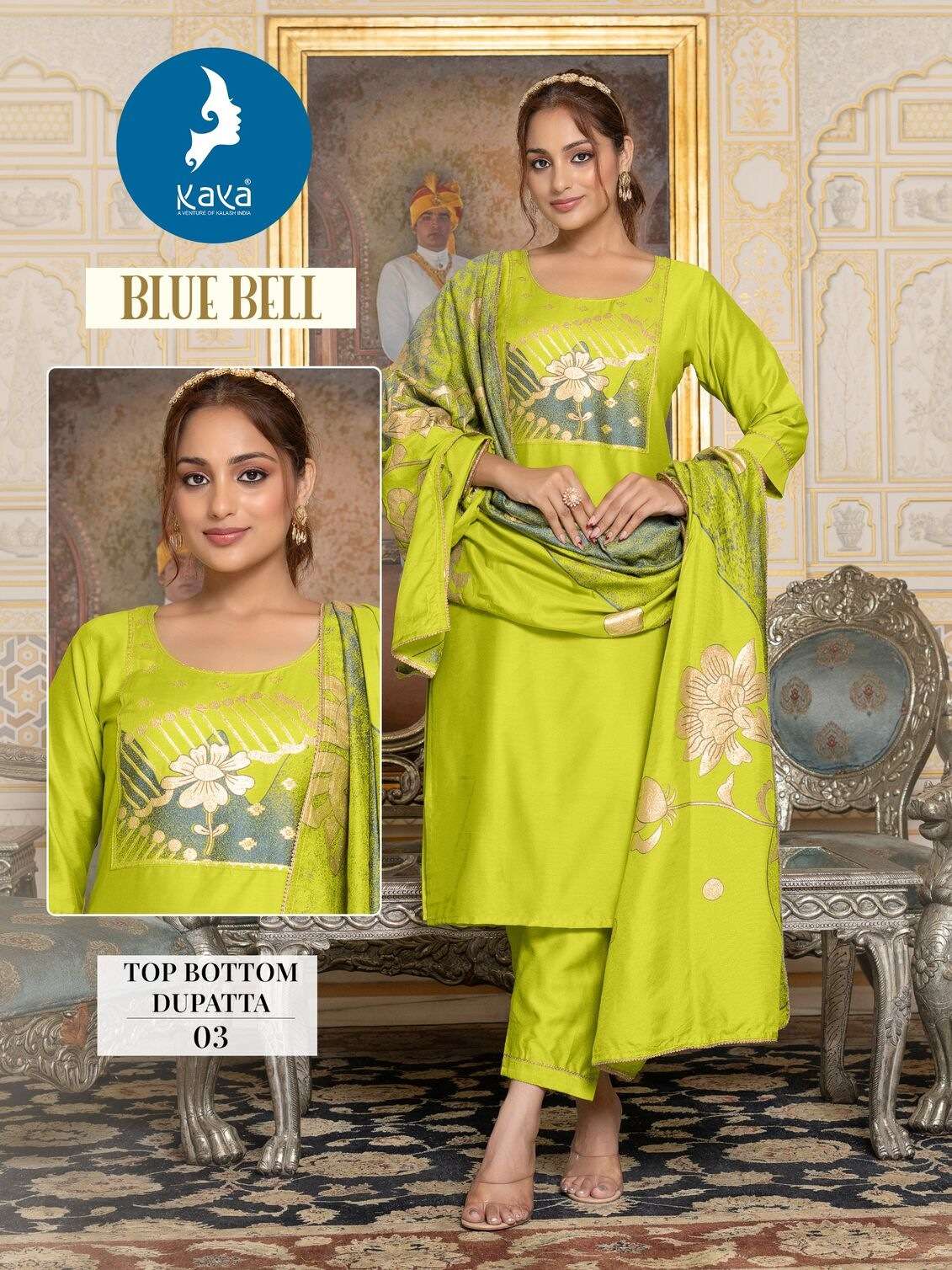  BLUE BELL BY KAYA  KURTI WORK-JACQUARD PLACEMENT AND PANT VISCOS CHANDERI  DUPATTA