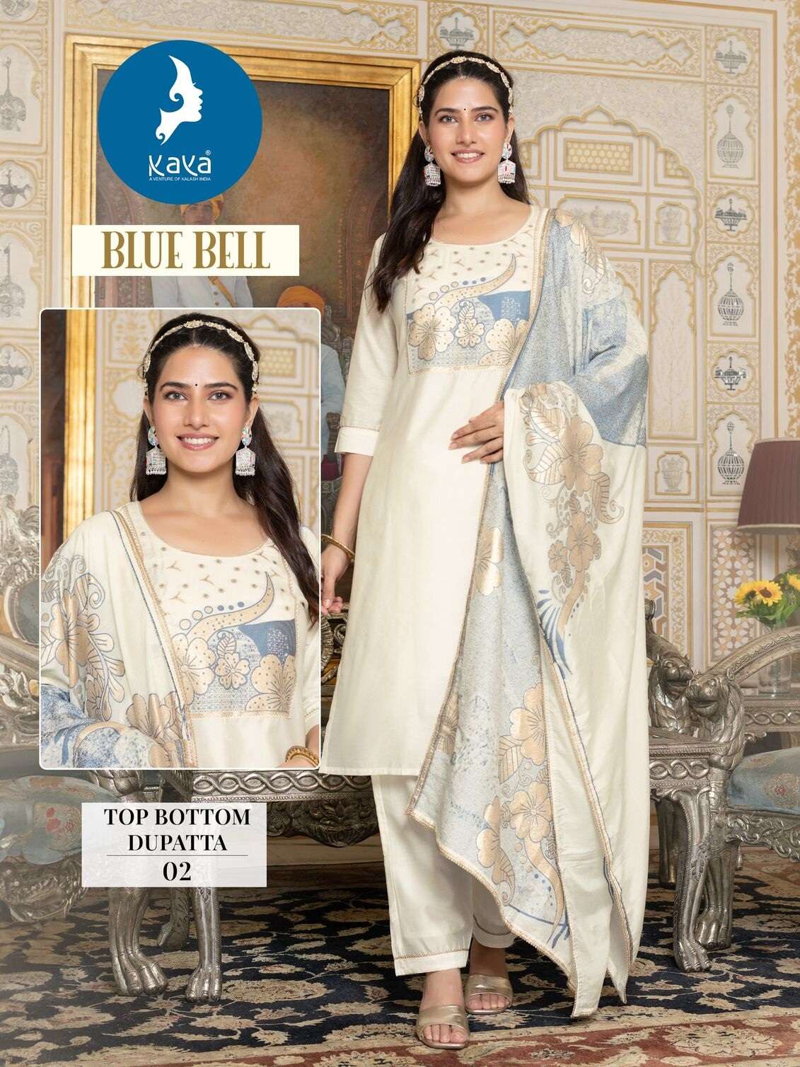  BLUE BELL BY KAYA  KURTI WORK-JACQUARD PLACEMENT AND PANT VISCOS CHANDERI  DUPATTA